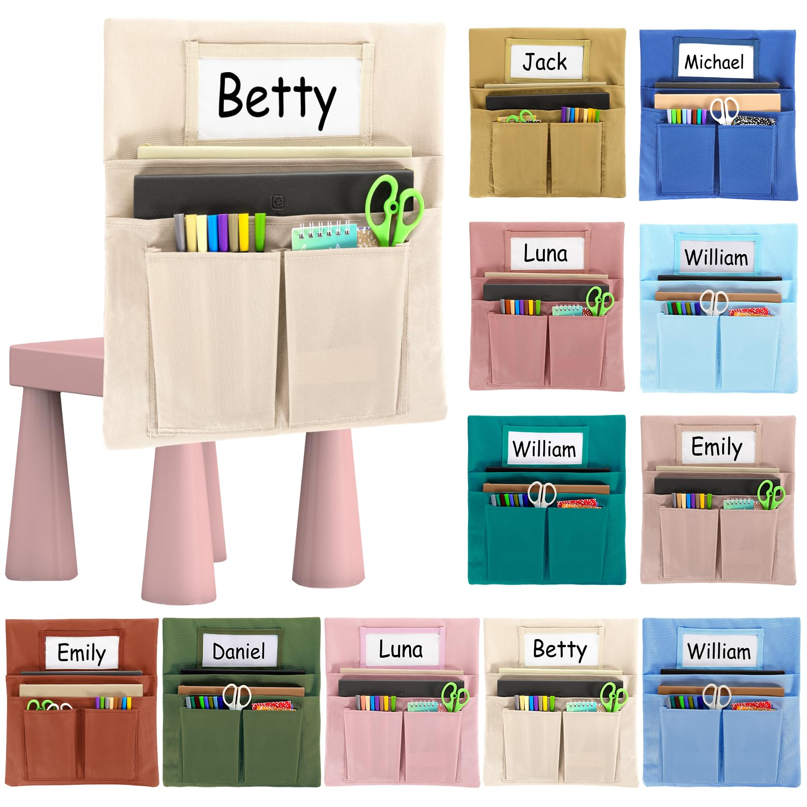 12 Pcs Chair Pockets for Classroom 13 x 14 Inch Seat Sacks with Name Tag for Classroom Chairback Multi Pockets Chairs Seat Back Organizer for Student Elementary School Daycare Home Supply (Light Boho)