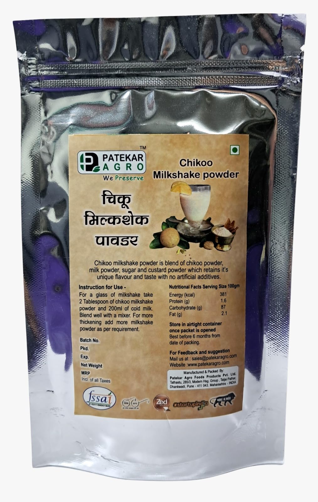 PATEKAR AGRO Delicious Chikoo Milkshake Mix – Chikoo Smoothie Powder for Creamy, Nutritious Milkshakes Rich in Natural Vitamins & Minerals Perfect for Kids & Adults 500 Gram each
