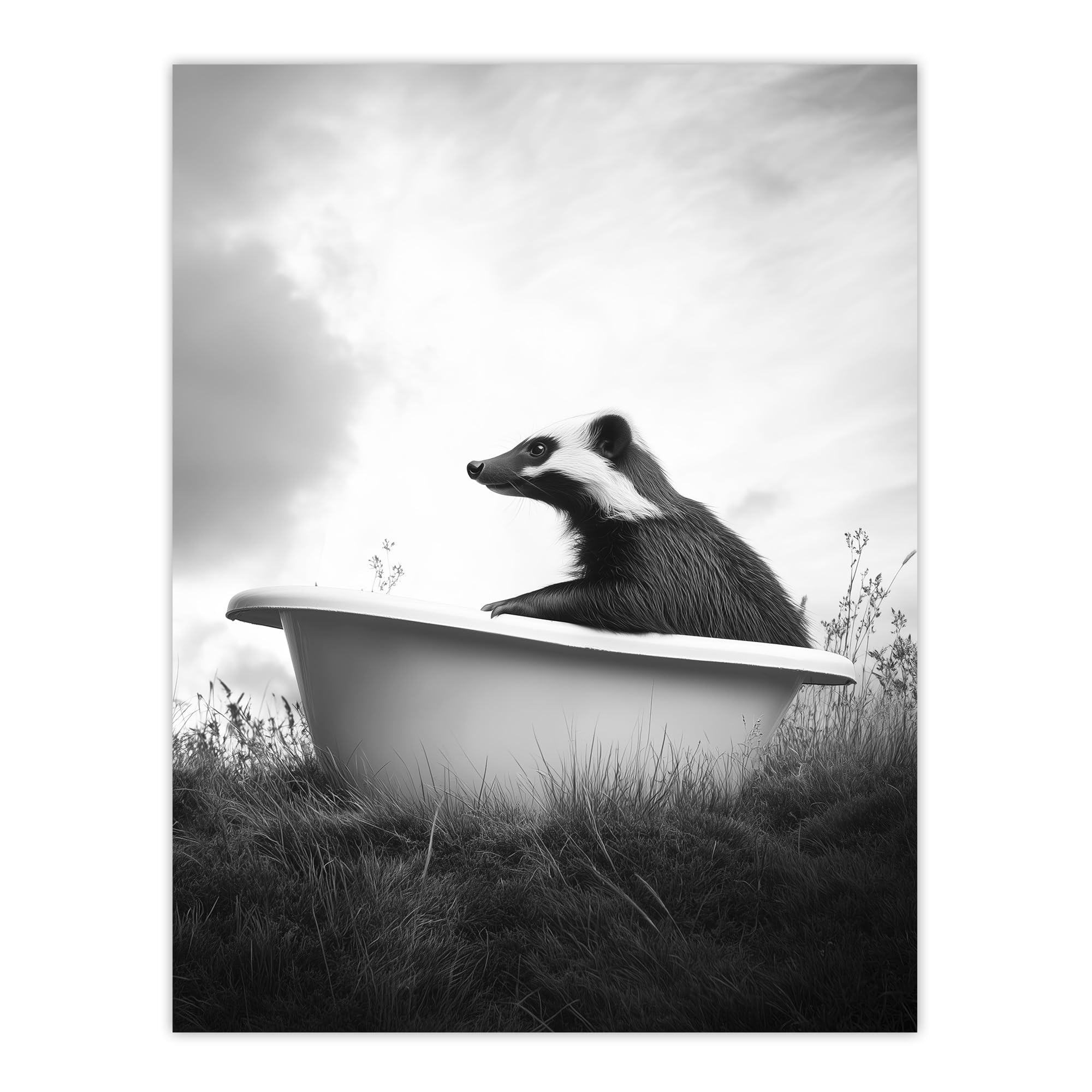 Artery8 Honey Badger in Bathtub Black White Surreal Living Room Extra Large XL Wall Art Poster Print