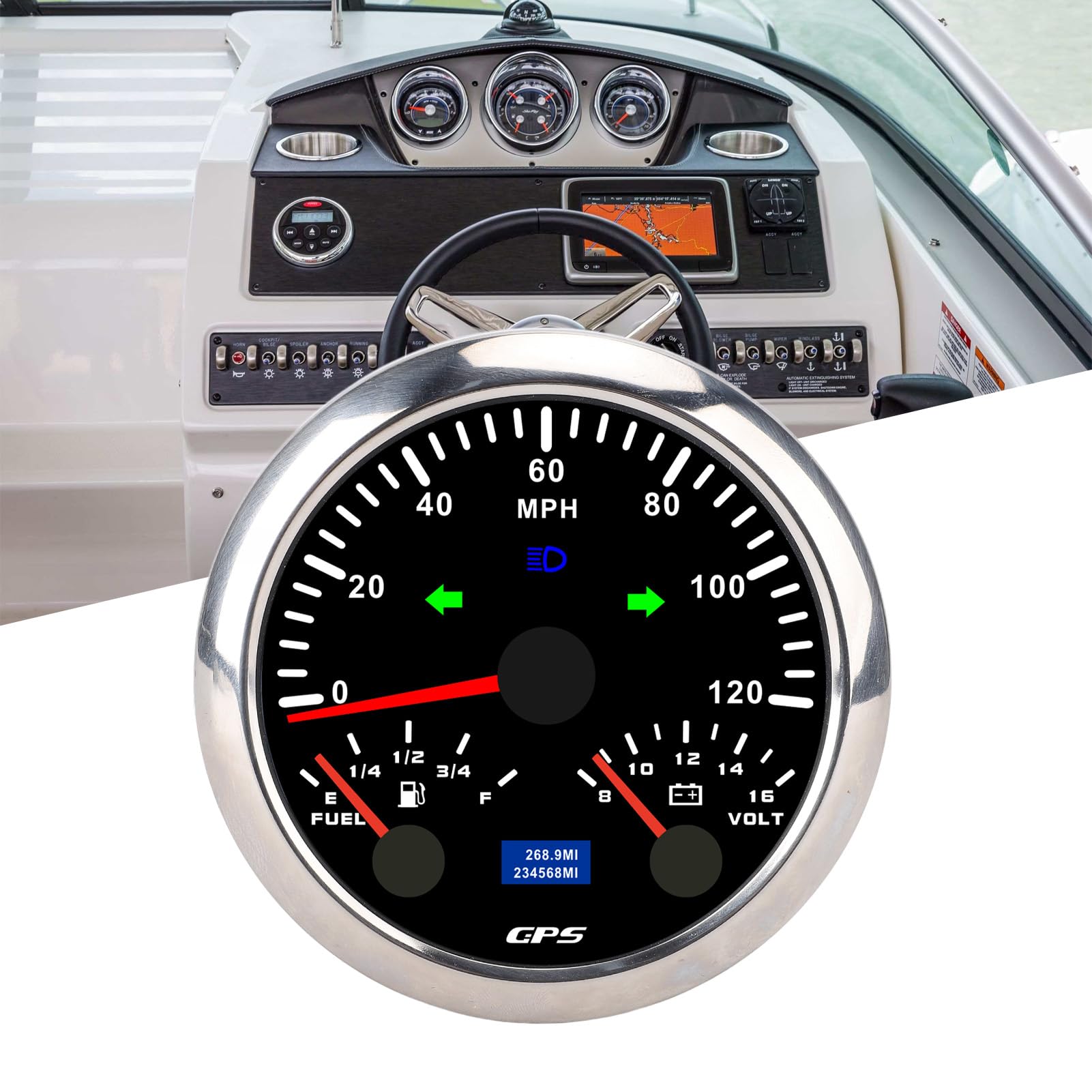 Contachilometri GPS da 85 Mm con Retroilluminazione a 7 Colori per Camion Yacht, Monitoraggio Accurato della velocità e Indicatore del Livello del Carburante (Quadrante nero lunetta argentata