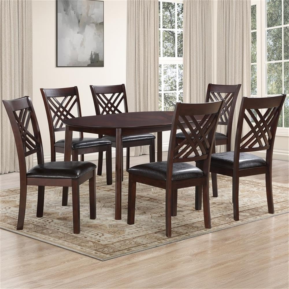 Pemberly Row 7-Piece Oval Dining Table Set, 60 in Table, Espresso Finish, Primavera Veneers, Solid Wood Construction, Upholstered Seat X-Back Chairs, Contemporary Style, Dining Room Furniture