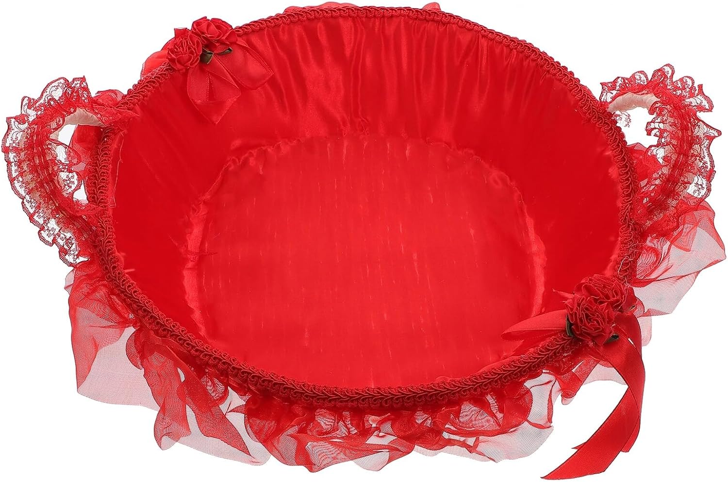 Wedding Lace Flower Girl Basket with Red Rattan Petal Holder, 33cm Diameter Decorative Sundries Container for Wedding Ceremony and Party Supplies