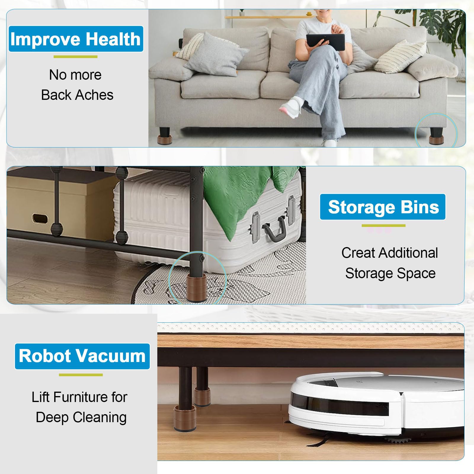 Elevadores de cama de 1, 2, 3 y 4 pulgadas, resistentes, ajustables para mesa, escritorio, sofá, silla, refrigerador, lavadora, bloques apilables (marrón, paquete de 4, 1+1+1 pulgadas)
