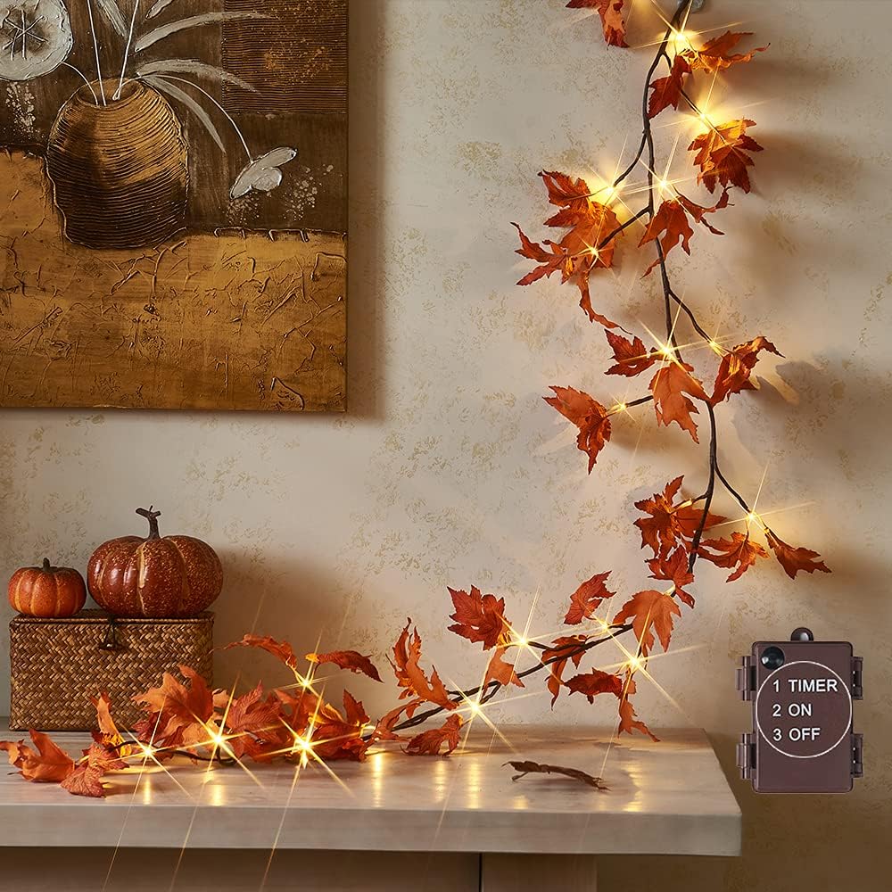 Hairui Lighted Maple Leaf Garland with Timer 6FT 20FT Warm White LED Autumn Wreath with Battery Operated Lights for Christmas Wedding Decoration, Action Harvest