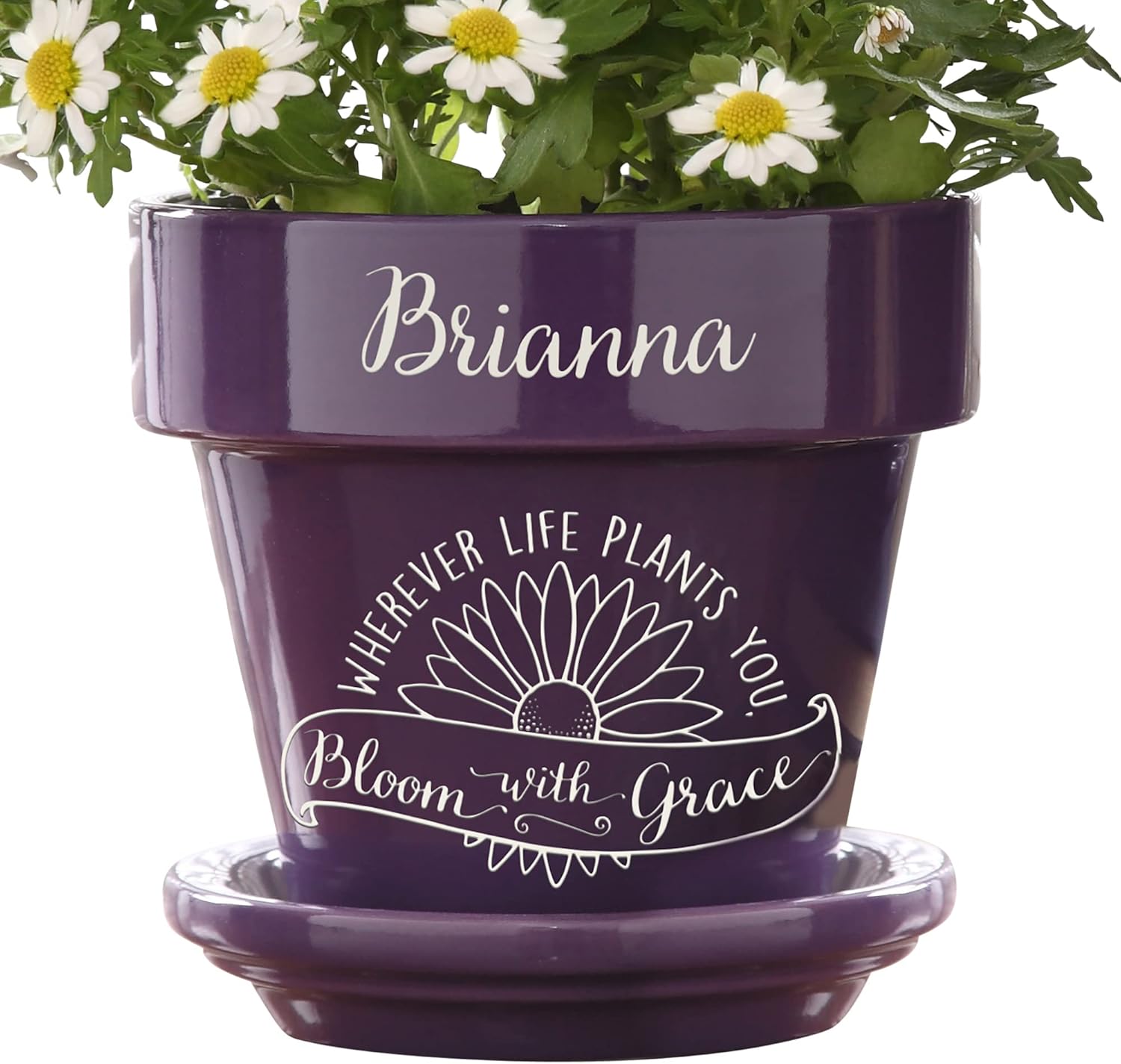 Personalization Universe Inspiration to Grow Personalized Flower Pot - Indoor or Outdoor Use, Graduation Gift, Birthday, Retirement, 5.25" Diameter, Ceramic, Flower Pot and Saucer Set – Purple