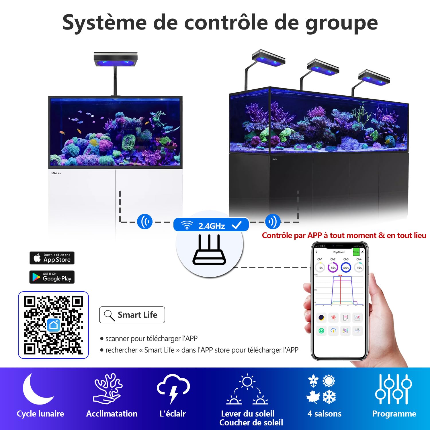 PopBloom 3x RL180 Lumière LED à spectre complet pour aquarium récifal marin eEclairage pour aquarium de 72-96Inch avec contrôle APP