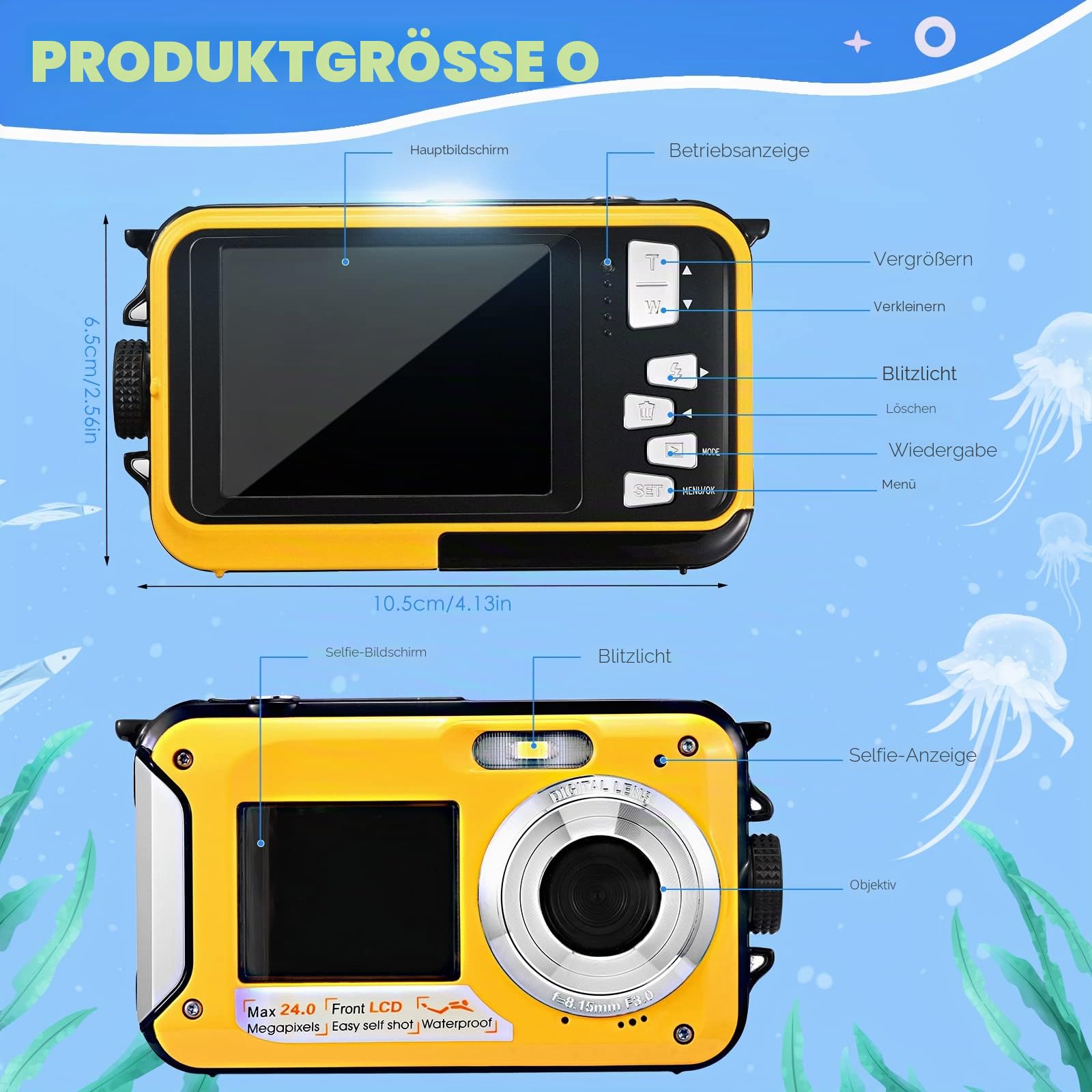 Digitalkamera, Wasserdicht, Full HD 2.7 K, 24 MP, Unterwasserkamera, 16 X Zoom, Wasserdicht, mit Doppelbildschirm, Autofocus für Jugendliche, Schüler, Anfänger, Gelb