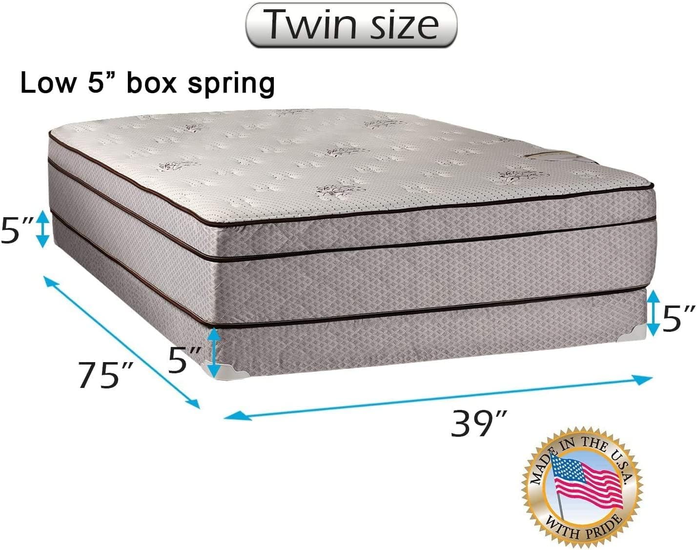 DS Solutions USA Fifth Ave Extra Soft Foam Eurotop (PillowTop) Twin Size Mattress & Low 5" Height Box Spring Set with Mattress Cover Protector