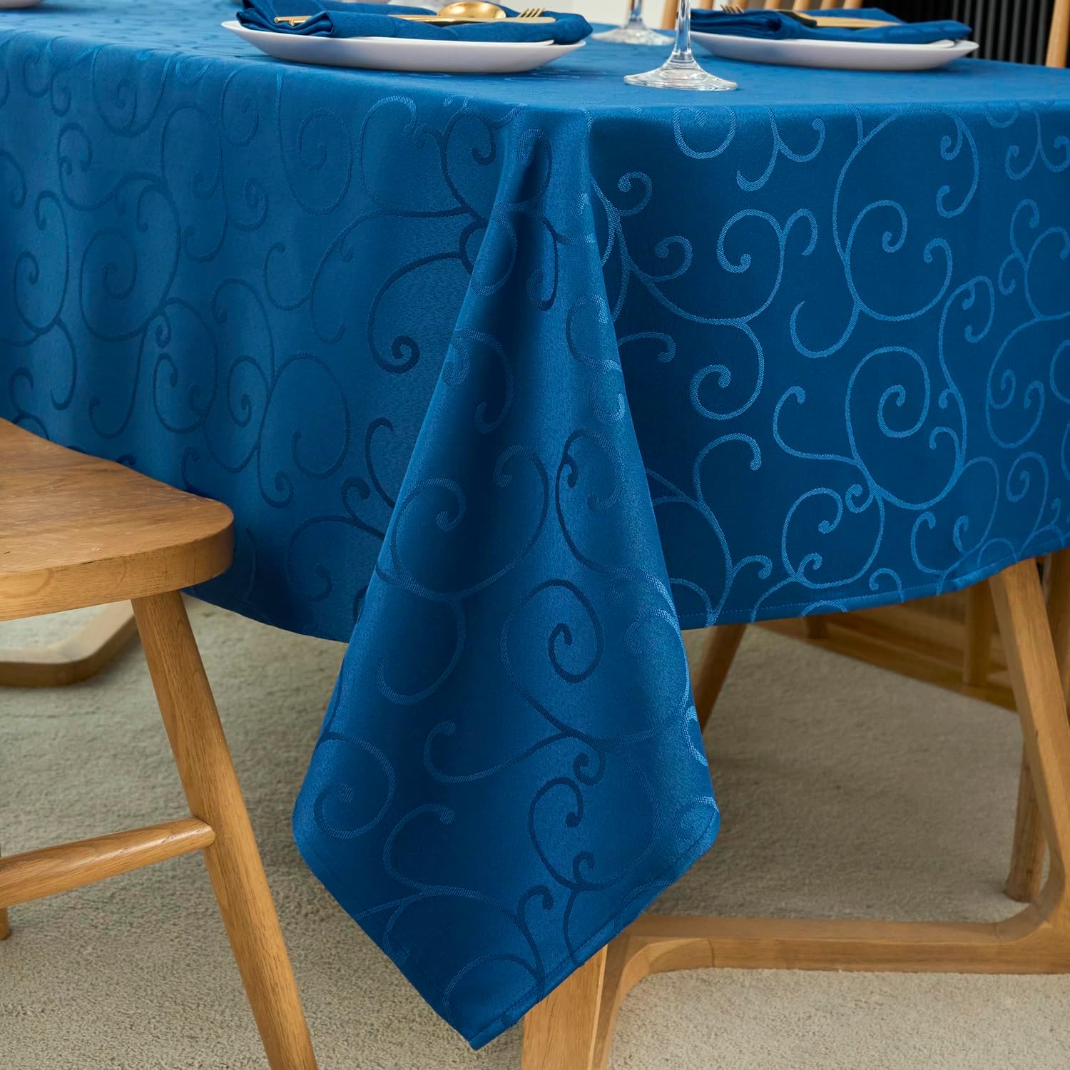 Marina Decoration Jacquard Waterproof Thick Elegant Premium Solid Damask Branch Scroll Decorative Home Kitchen Tablecloth Liquid Repellent and Stain Resistant, Royal Blue Color Oblong 60 x 102 Inch