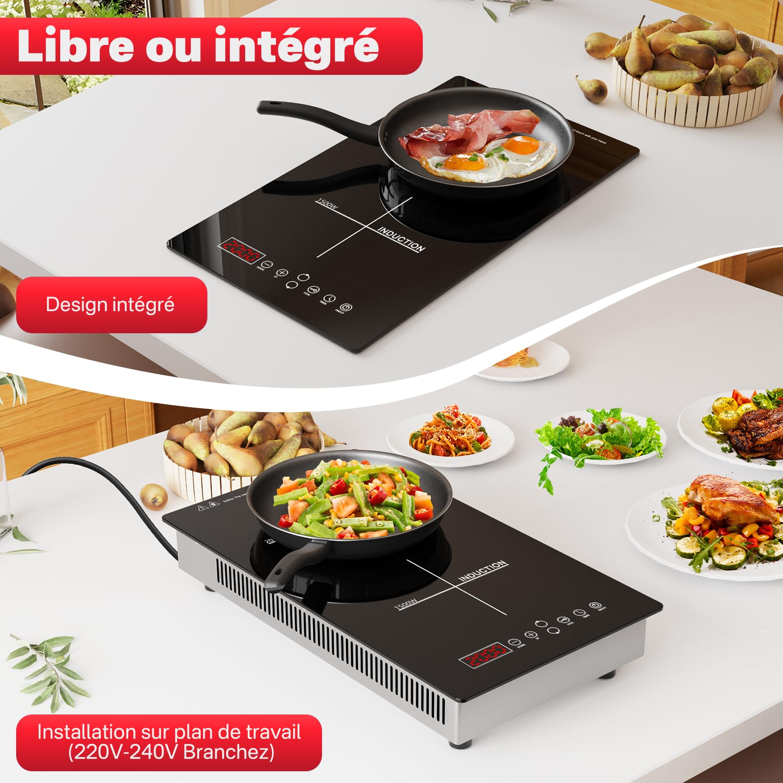 Plaque à Induction Encastrable 2 Foyers 3500W, Plaque de Cuisson Électrique avec Commande Tactile, Double Zone avec Minuteur et Sécurité Enfant, Induction - ID2EU