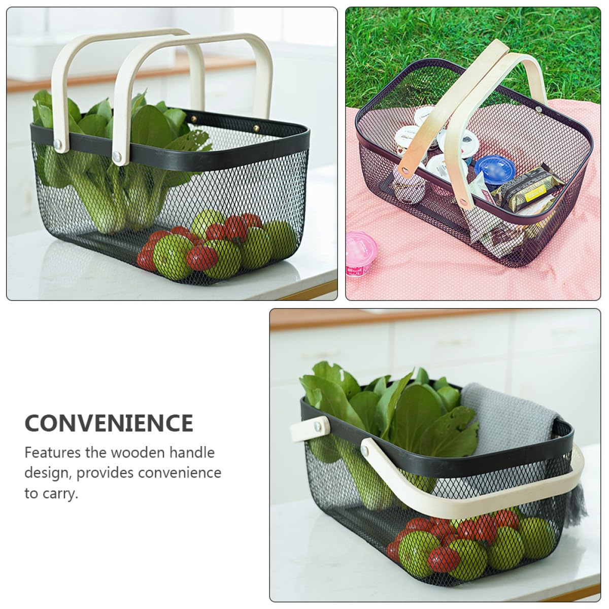 Toyvian 1 Stück Aufbewahrungskorb aus Robustem Eisen mit Holzgriff Rechteckiger Tragkorb für Haushalt und Picknick Zufällige Farbe