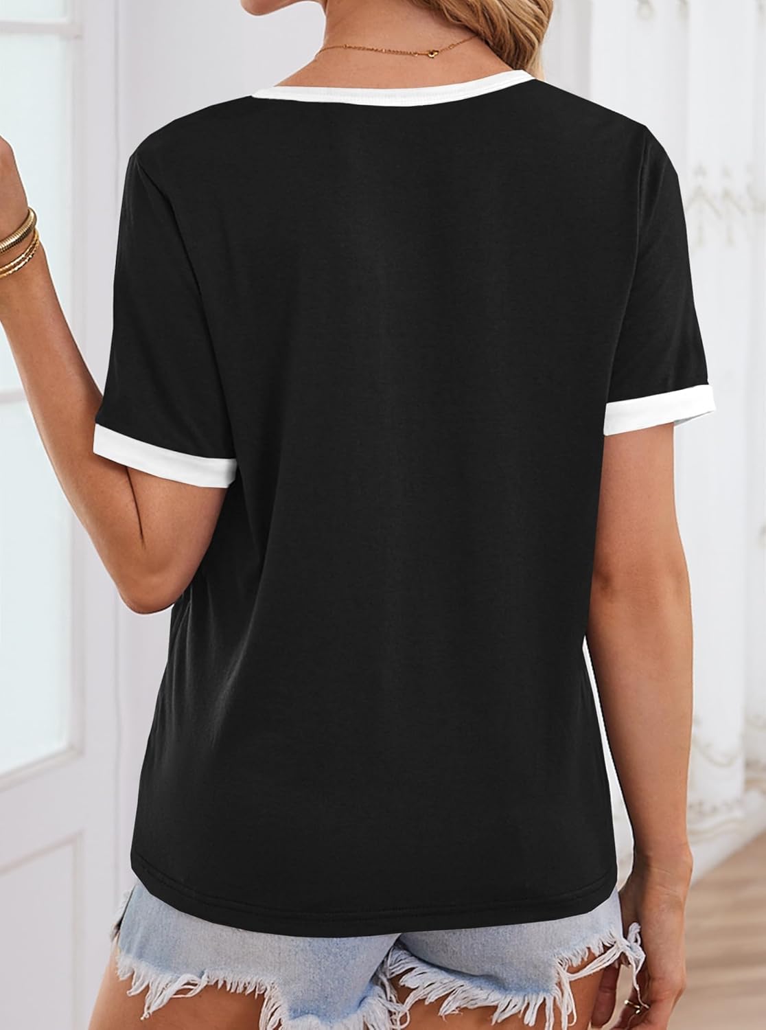 LilyCoco Women's Striped Shirt Short Sleeve Color Block Tops Notched Neck Summer Tee - Image 5