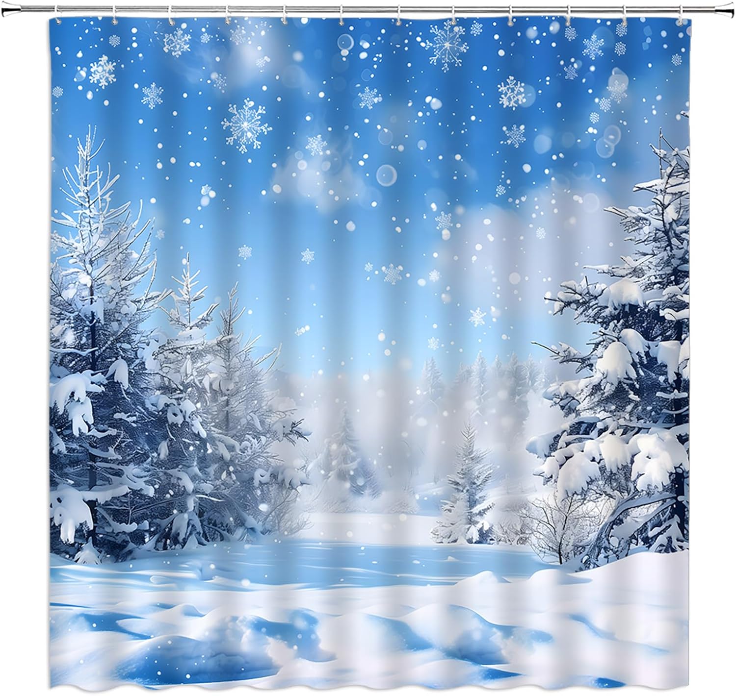 AMFD Winter Forest Shower Curtain Christmas Pine Tree Snowflake Bokeh Snow Scene Nature Bathroom Curtains Decor Fabric Set Include Hooks,(70" Wx84 H)