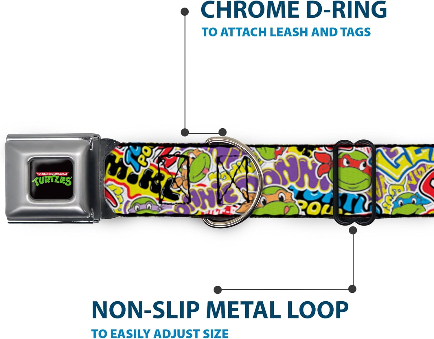 Nickelodeon Pet Collar, Dog Collar Metal Seatbelt Buckle, Teenage Mutant Ninja Turtles Sticker Slaps White Multi Color, 9.5 to 13 Inches 1.0 Inch Wide