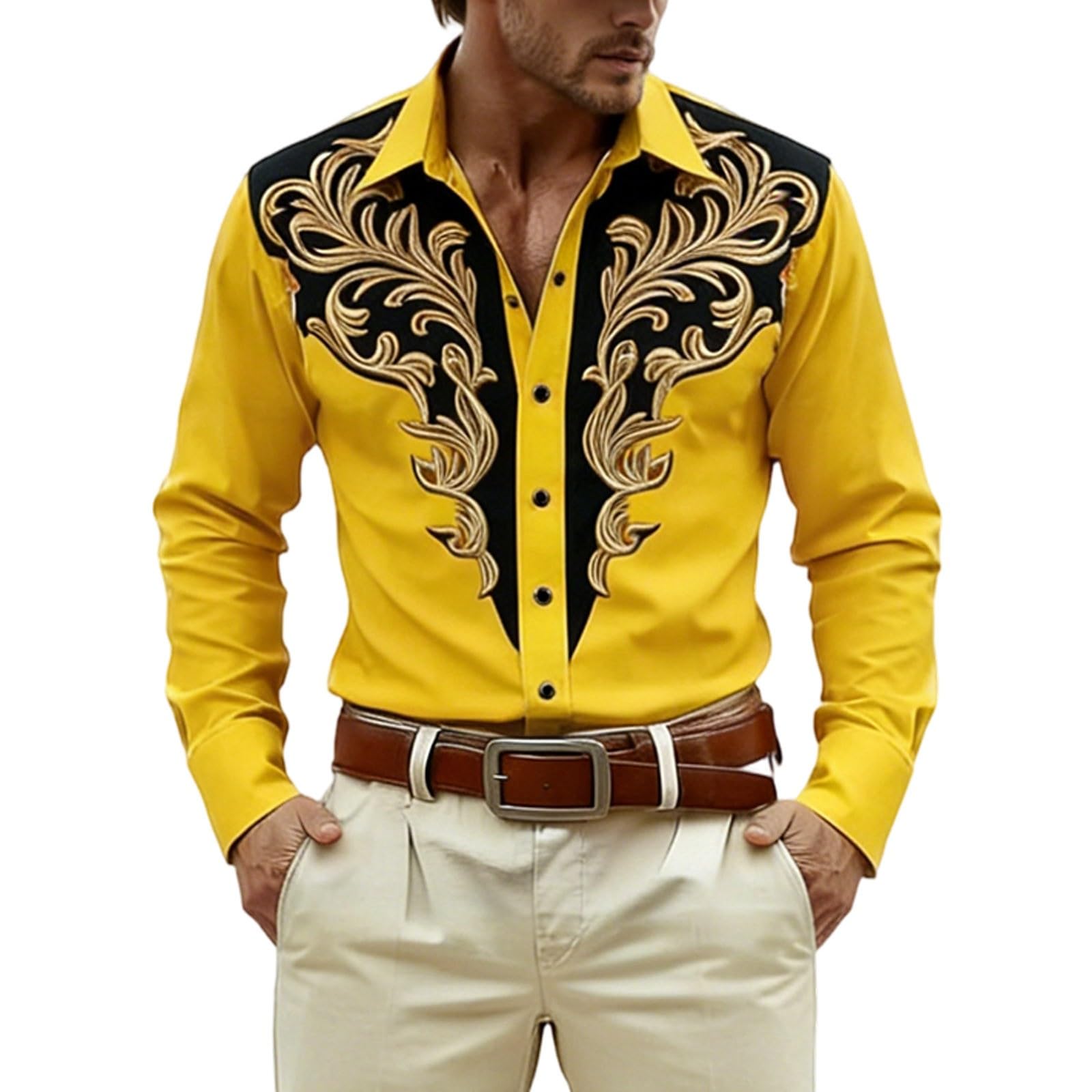 Long Sleeve Shirt with Print for Festive Western and Cowboy Outfits - Medieval Shirt with Buttons for Casual and Parties, yellow, XXL — image 1