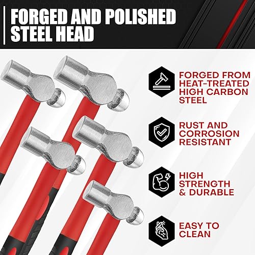 Miniatura 10 de C&T Martillo de bola de 3 piezas, 16 onzas, 32 onzas, 48 onzas, martillo de mango de fibra de vidrio para peen, herramienta de mango de martillo de