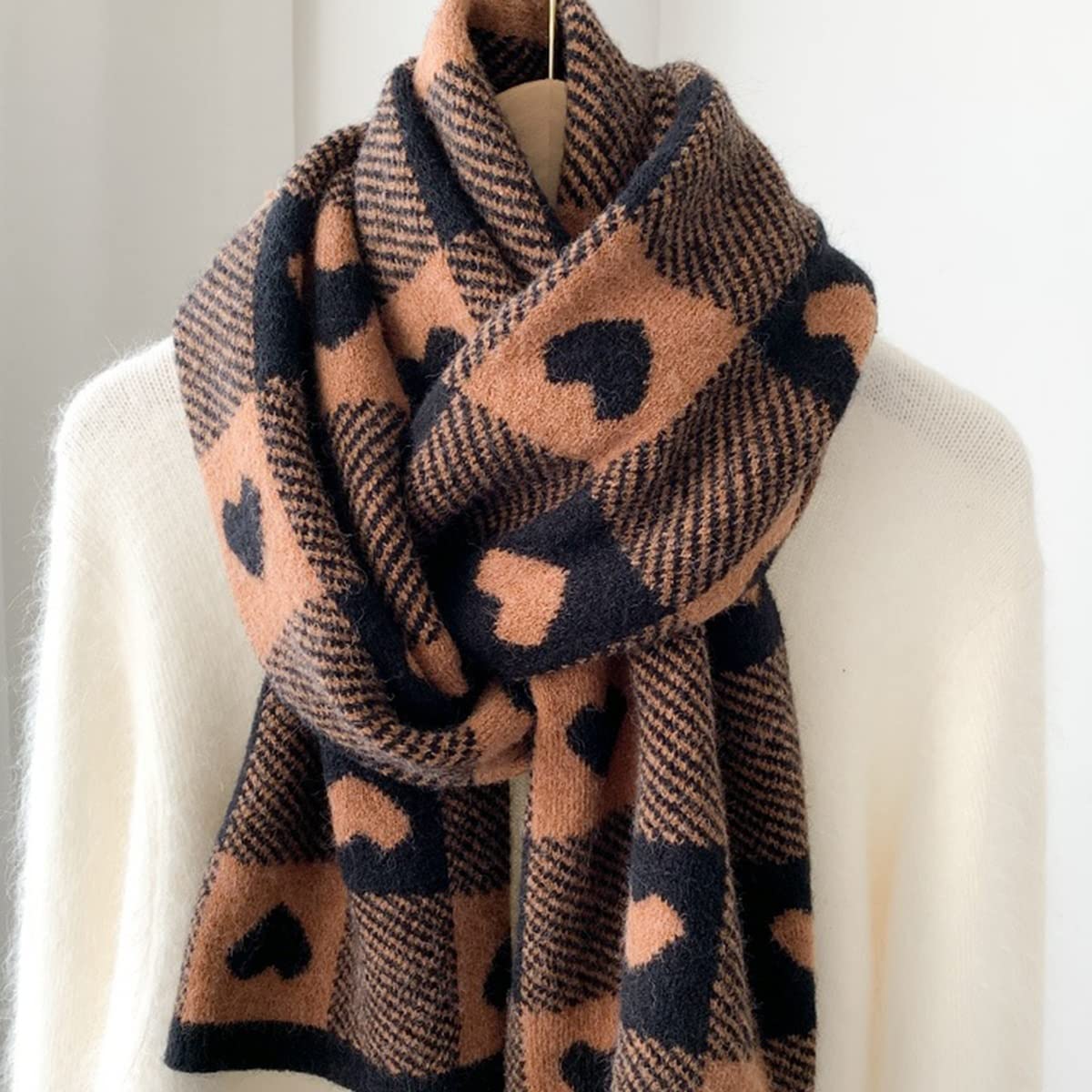 Bufanda de punto para mujer, con diseño de cuadros en forma de corazón, doble faz, suave y cálida, ideal para otoño e invierno.