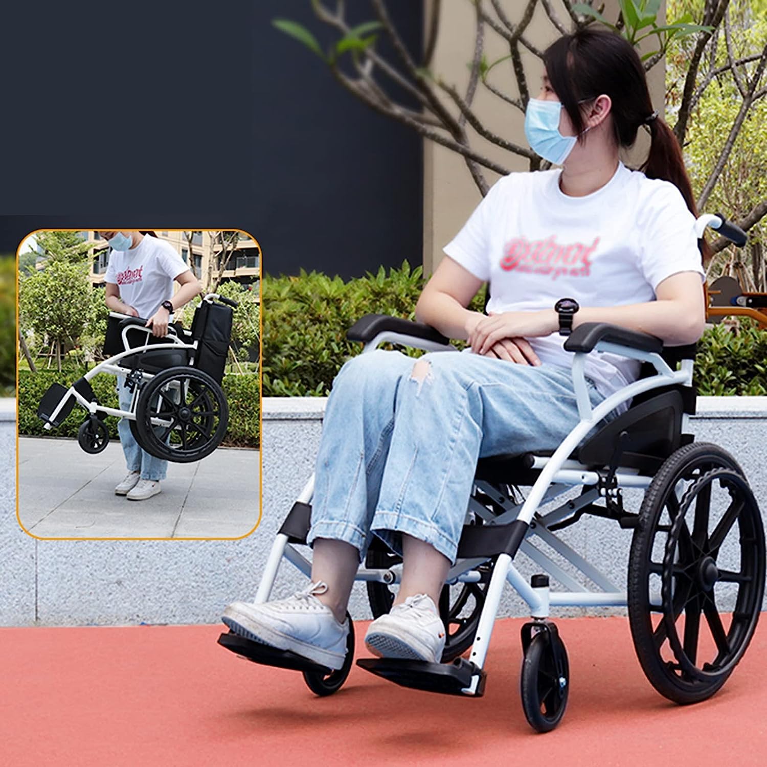 Silla de Ruedas Plegable Deo Silla de Ruedas Manual Ligera con Reposapiés Ajustable en 3 Niy Ruedas Traseras de 18 Pulgadas Pu