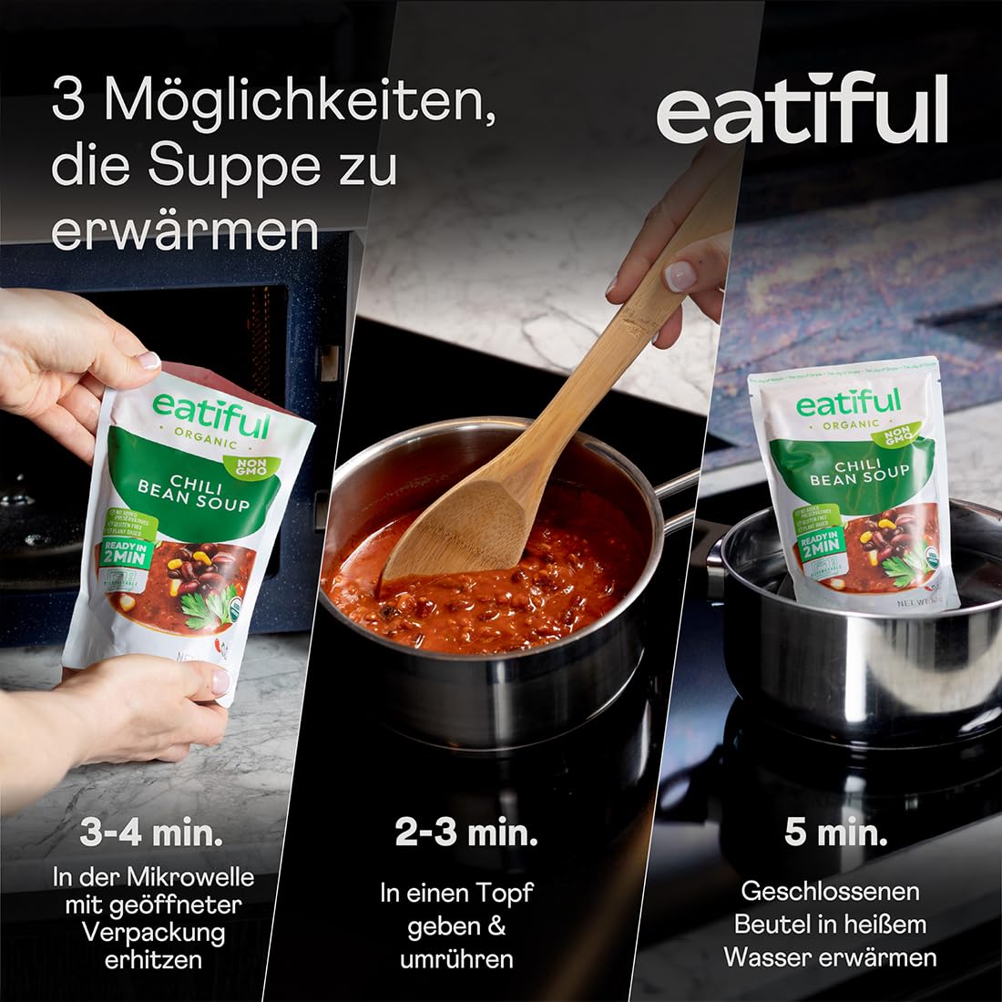 EATIFUL Chili-Suppe, Verzehrfertige Vegane Chili-Bohnensuppe, Hergestellt Aus Biologischem Gemüse, Pflanzlich, Glutenfrei, Ohne Gentechnik, 400g (Packung mit 10 Stück)