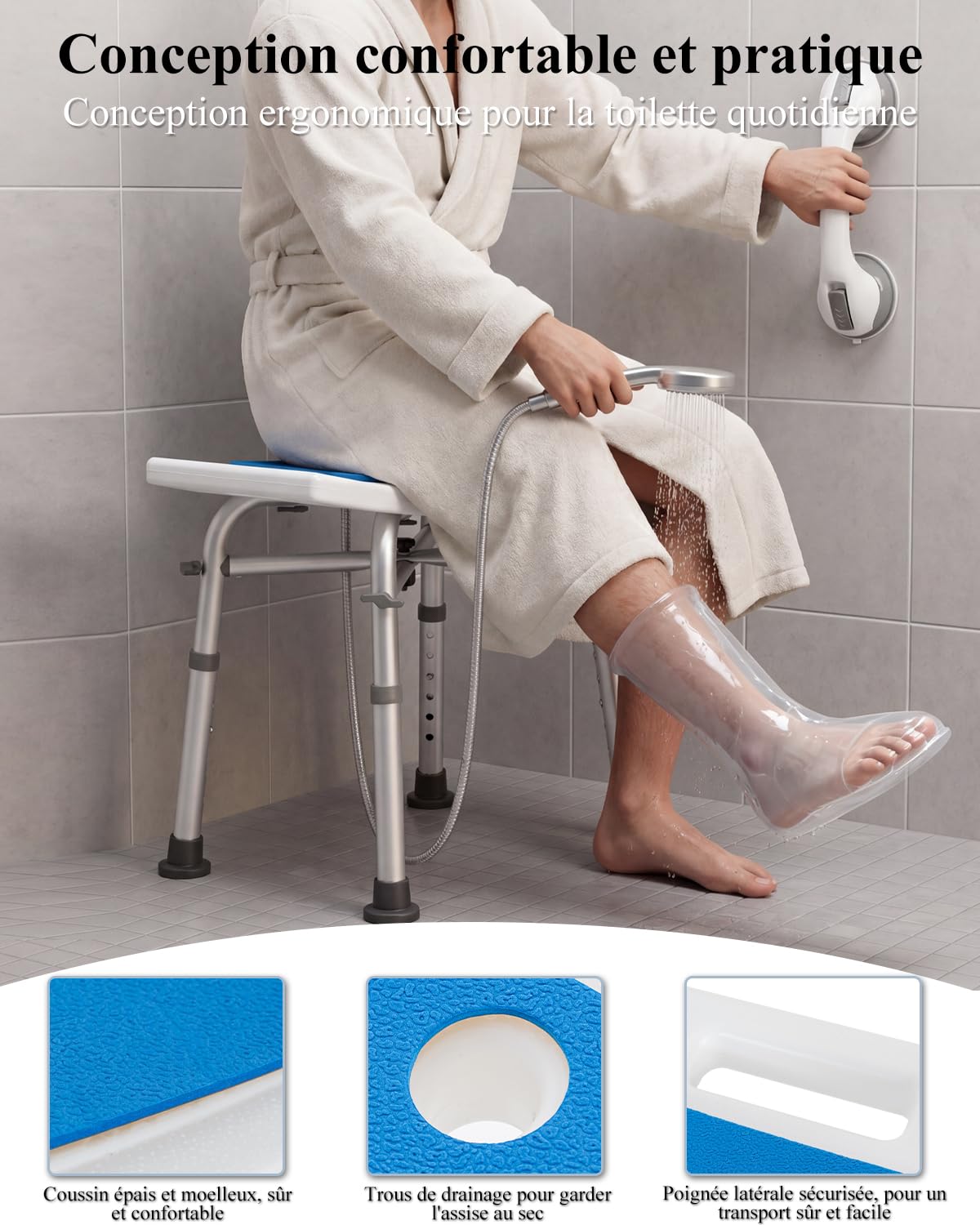 Taburete de ducha de altura ajustable para personas mayores con pasamanos con ventosa, silla antideslizante de aluminio de hasta 136 kg, asiento de ducha, silla para ducha y personas mayores