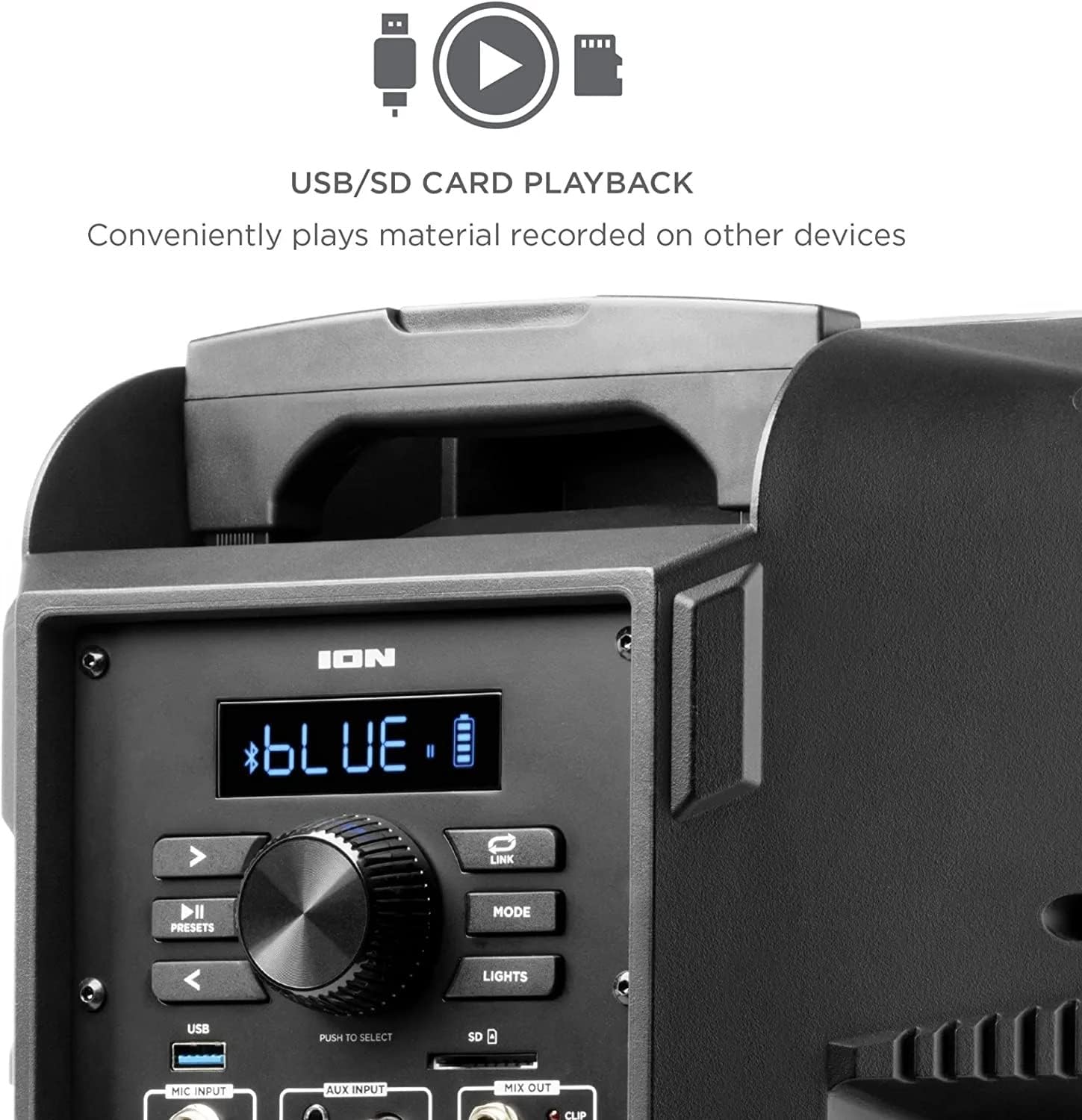 Front view of the ION Audio Power Glow 300 speaker with its woofer glowing blue.