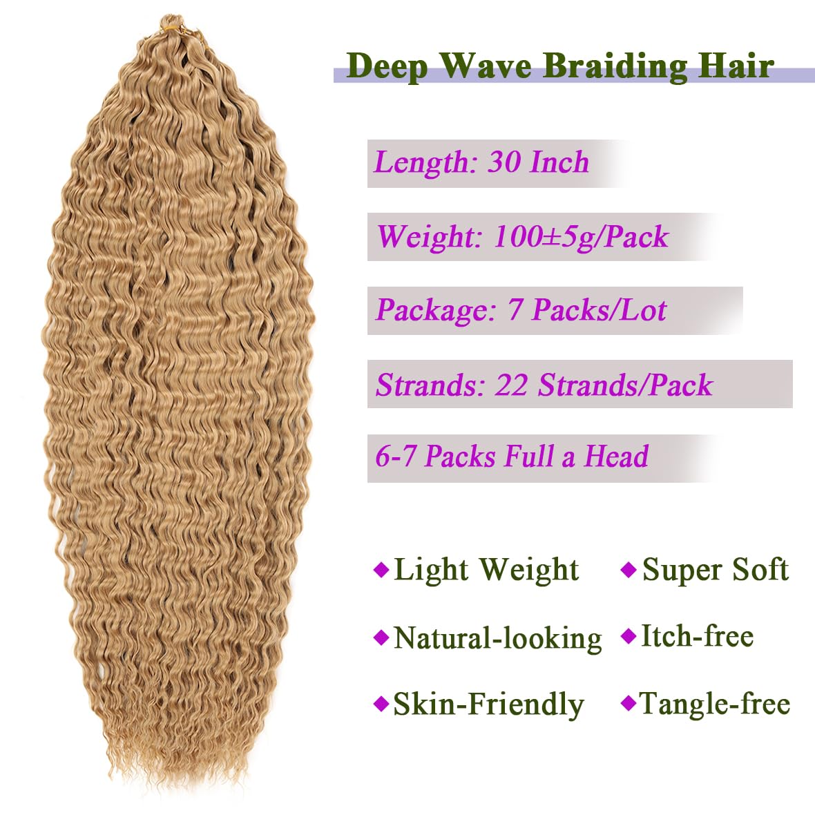 Kachanaa 30 Inch Ocean Wave Crochet Hair Synthetic Crochet Braiding Hair for Boho Box Braids 7 Pack Pre-Separate Deep Wave Braiding Hair Extensions for Goddess Braids /27# - Image 4