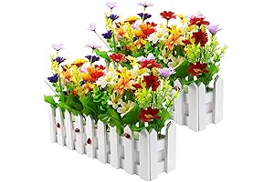 XONOR Artificial Flower Plants - Mixed Color Daisies in Picket Fence Pot...