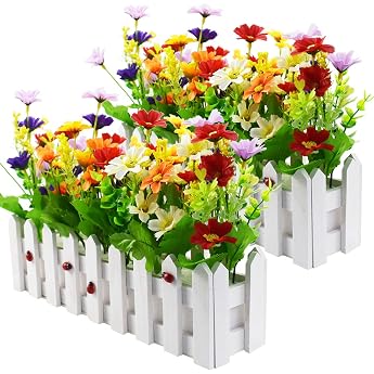 Xonor Artificial Outdoor Flower Plants Mixed Colour Daisy in Palisade Fence Pot for Indoor Office Garden Wedding Main Decoration - 2 Sets