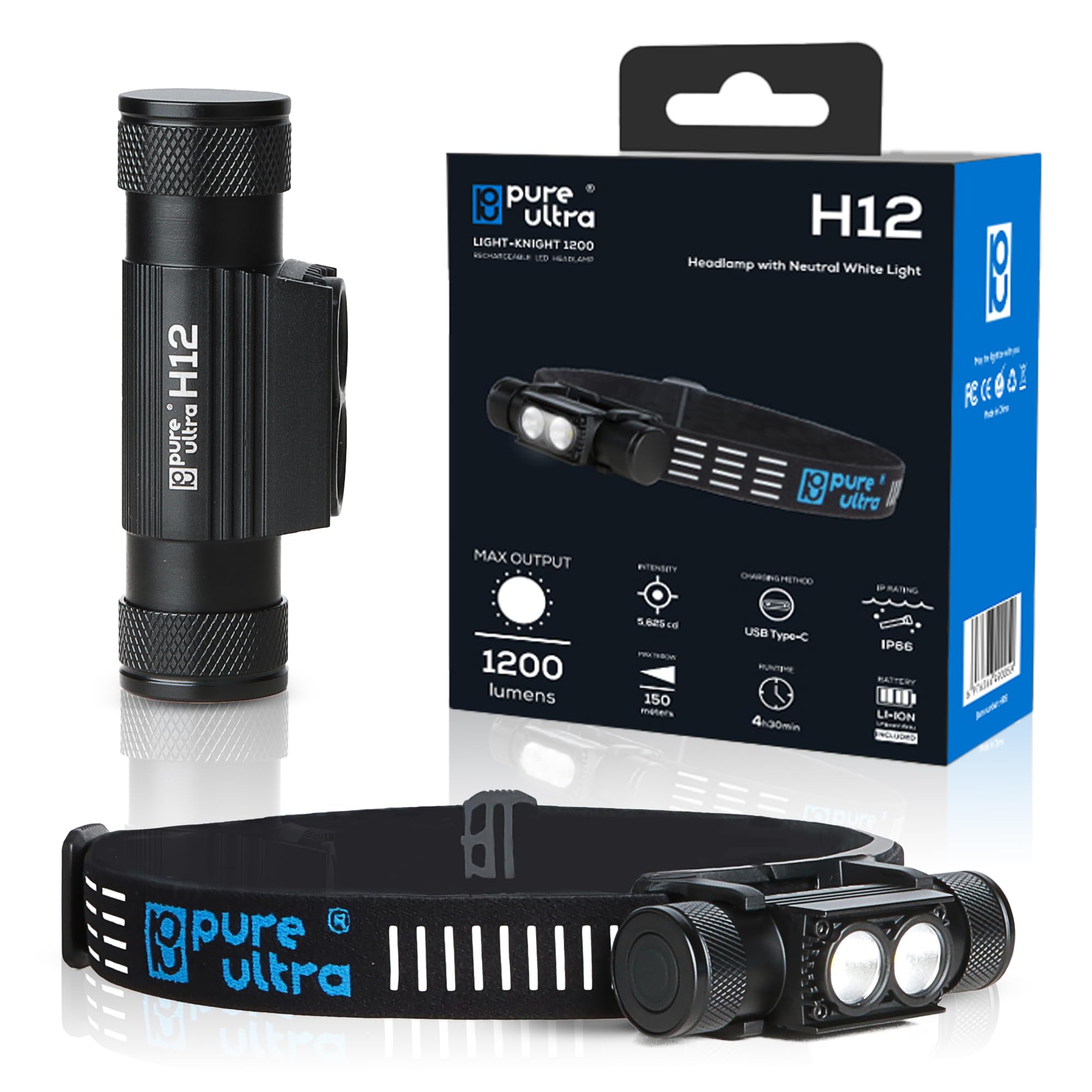 H12 Lampe frontale rechargeable 1200 lumens, LED blanc neutre, portée de 150 m, batterie 4000 mAh, charge USB-C, étanche IP66, idéale pour une utilisation en extérieur et professionnelle