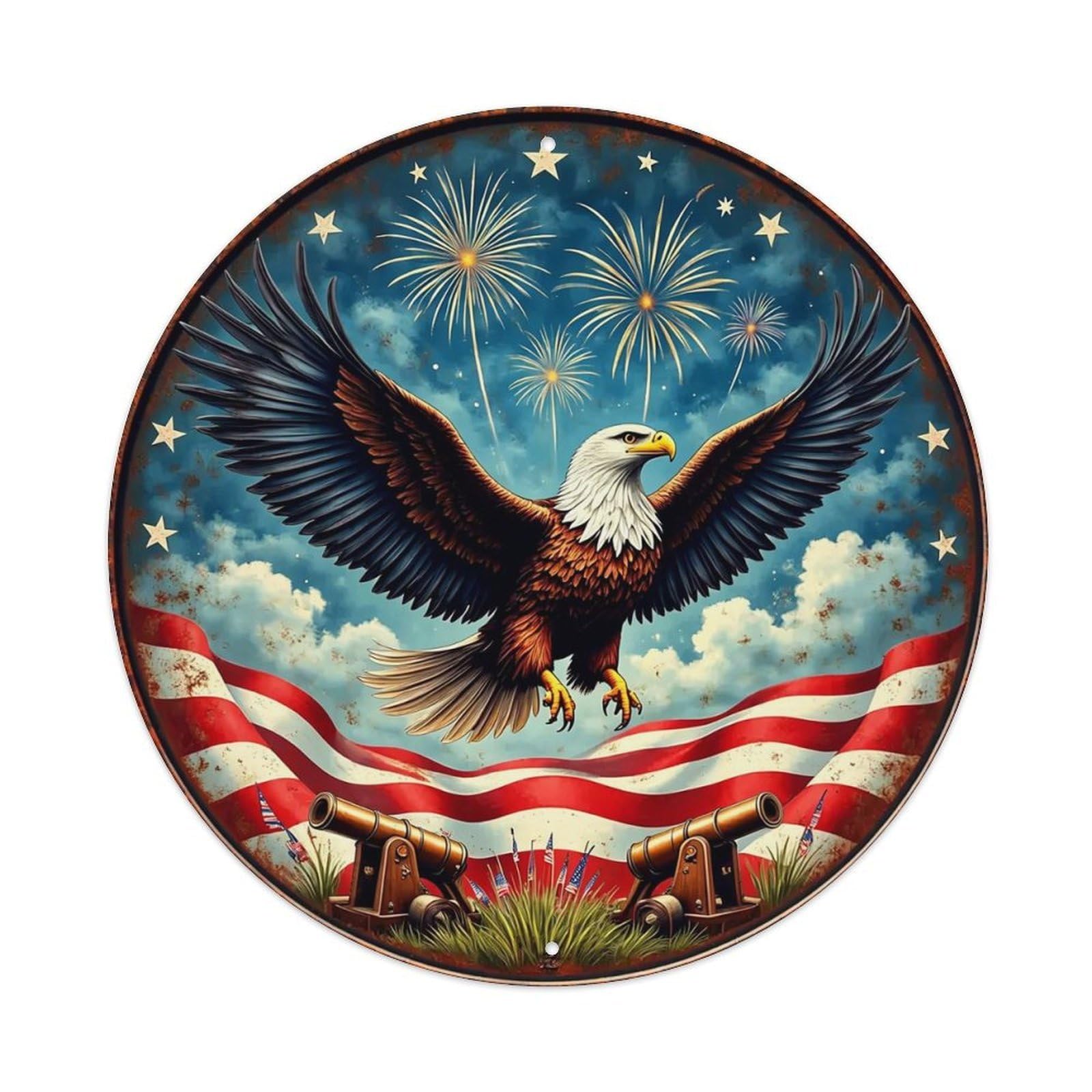 American Eagle Flag Fireworks Cannon Metal Tin Sign Plaque