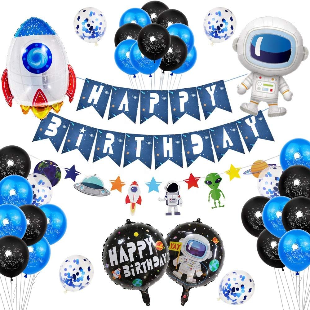 Outer Space Birthday Party Decorations with Rocket, Astronaut and Balloons, and Birthday Banner - Outer Space Birthday Party Pack with Foil Rocket