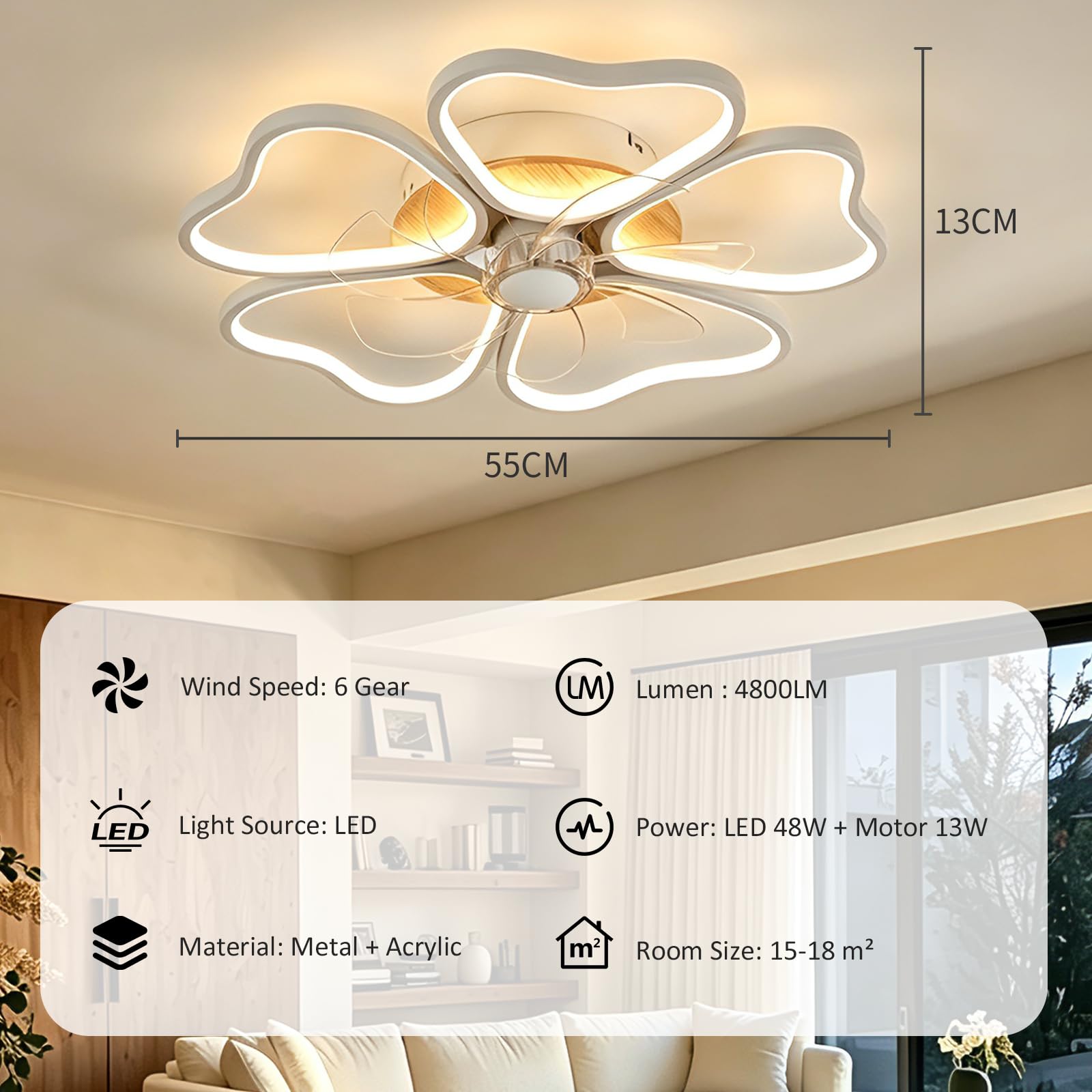 Ventilador de Techo con Luz LED, 48W Ventilador de techo silencioso LED con iluminación 3000K-6000K Regulable con Mando a Distancia, 6 Velocidades, Función Verano-invierno Silencioso