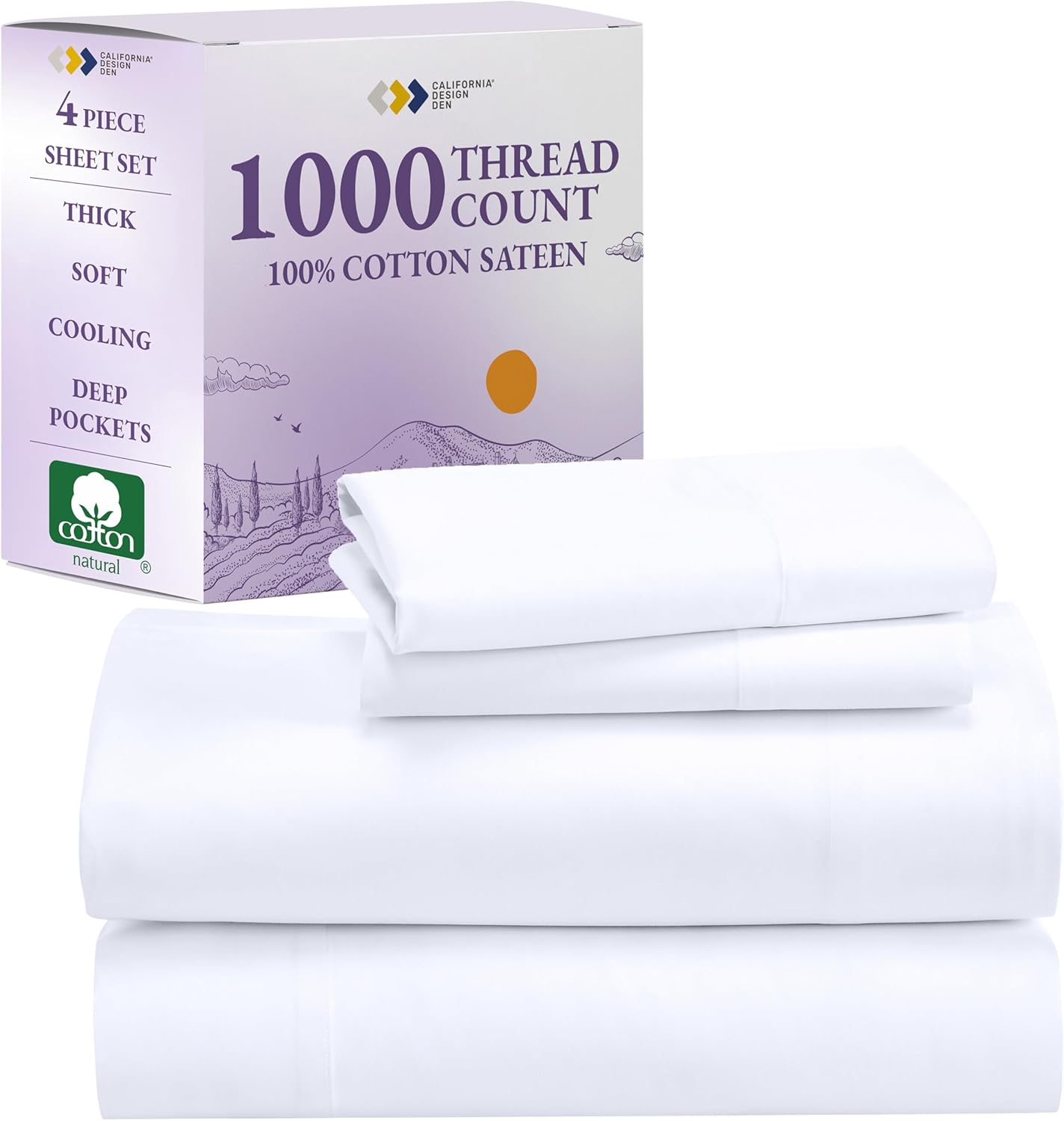 Product image of California Design Den Queen Sheet Set - Luxury 1000 Thread Count Sateen, Thick and Natural 100% Cotton Bedsheets, Deep Pockets, Soft, Breathable and Durable Bedding Set - White