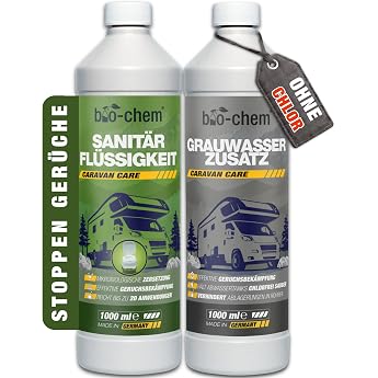 bio-chem Camping Toilet Set 2-Piece Sanitary and Grey Water Organic sanitary liquid 1 L and grey water additive 1 L for mobile toilets and chemical toilets camping toilet additives