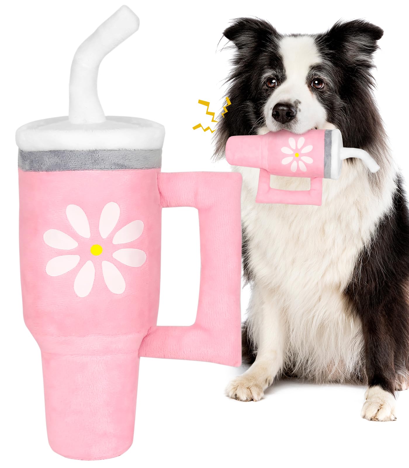 Squeaky Dog Toy - Crinkle Pup Cup Tumbler Plush Dog Toy with Cute Daisy Design for Small Medium Breeds, Funny Interactive Puppy Birthday Gift (Pink)