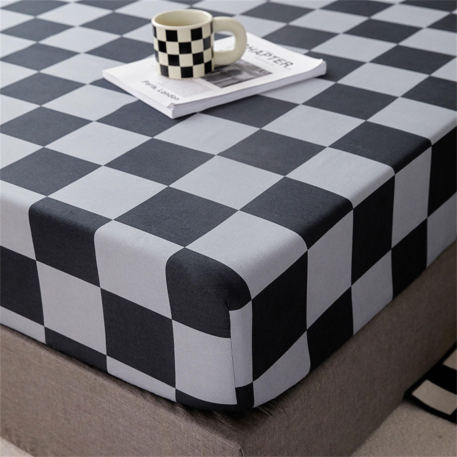 Odot Microfiber Fitted Sheet, Checkerboard Pattern Fitted Sheets with Deep Pocket 30cm, Soft Breathable Bed Sheets, Single Double King Size Bed Sheet for Children Adult (180x200x30cm,Grey)