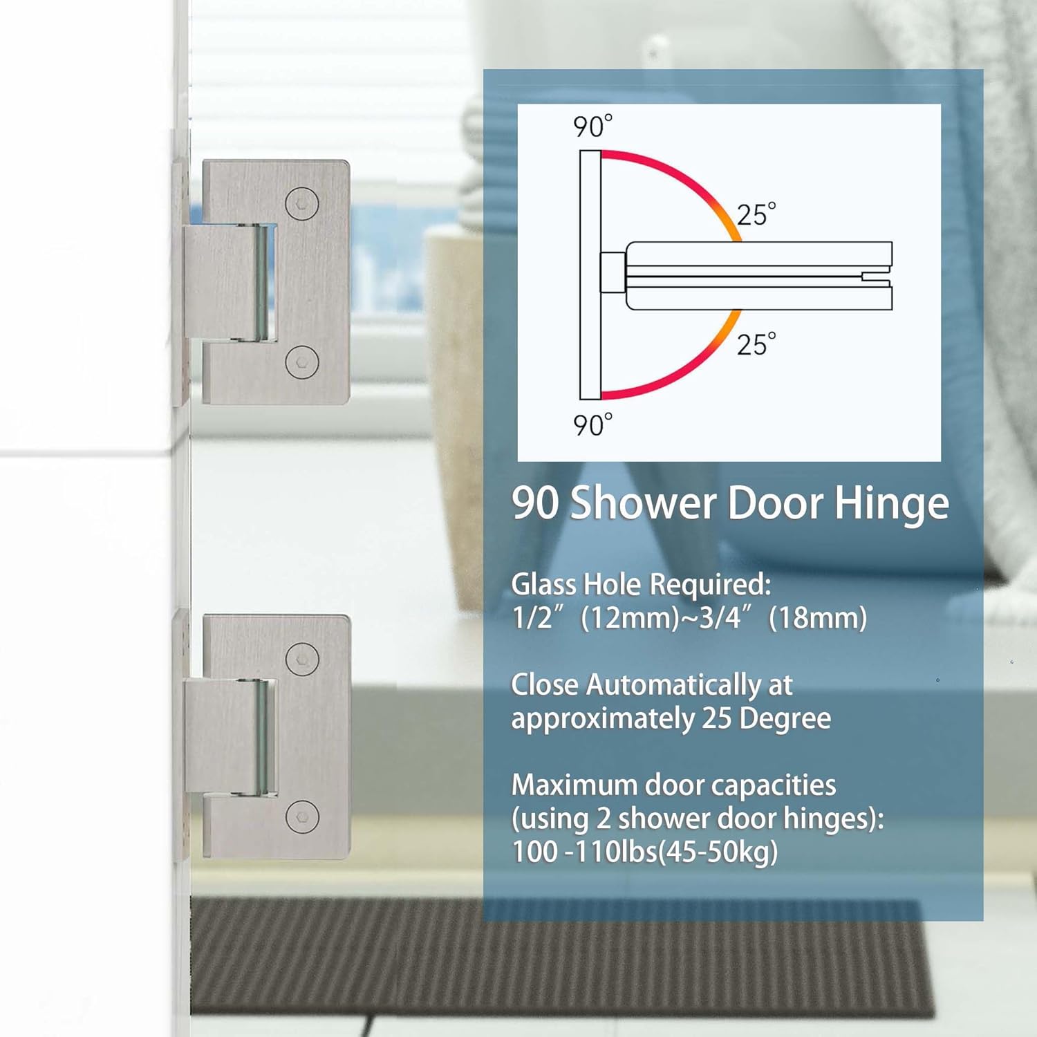 Shower Door Hardware Kit for Swing Shower Door，Brushed Nickel Glass Door Hardware Accessorie for 5/16"-3/8"（8mm-10mm） Tempered Glass，Including Shower Door Hinges and Door Handle