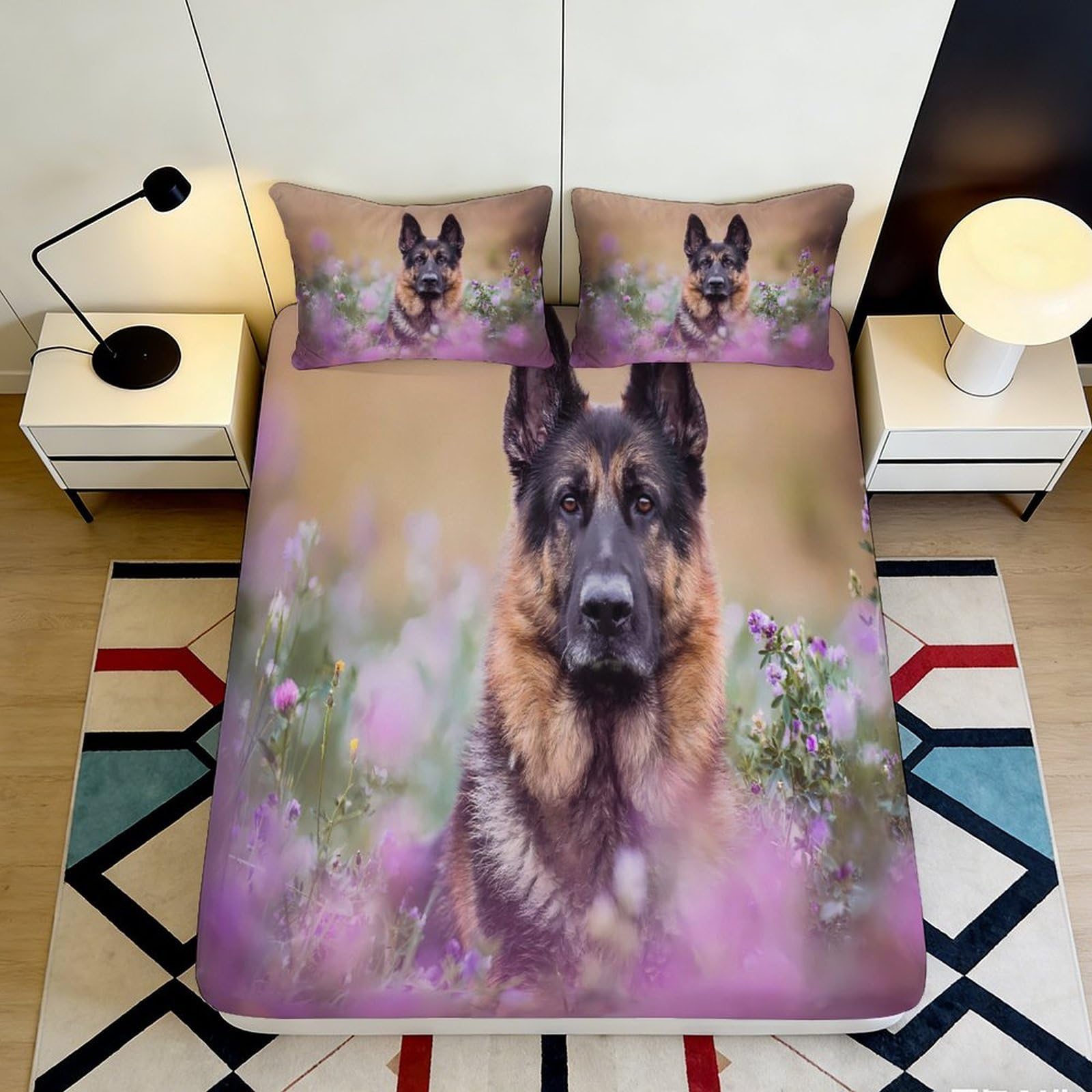 3D Printed German Shepherd Fitted Sheet Microfiber Soft Durable Floral Bed Cover for Bedroom Dormitory Guest Room Mattress Protection 90x200x25cm