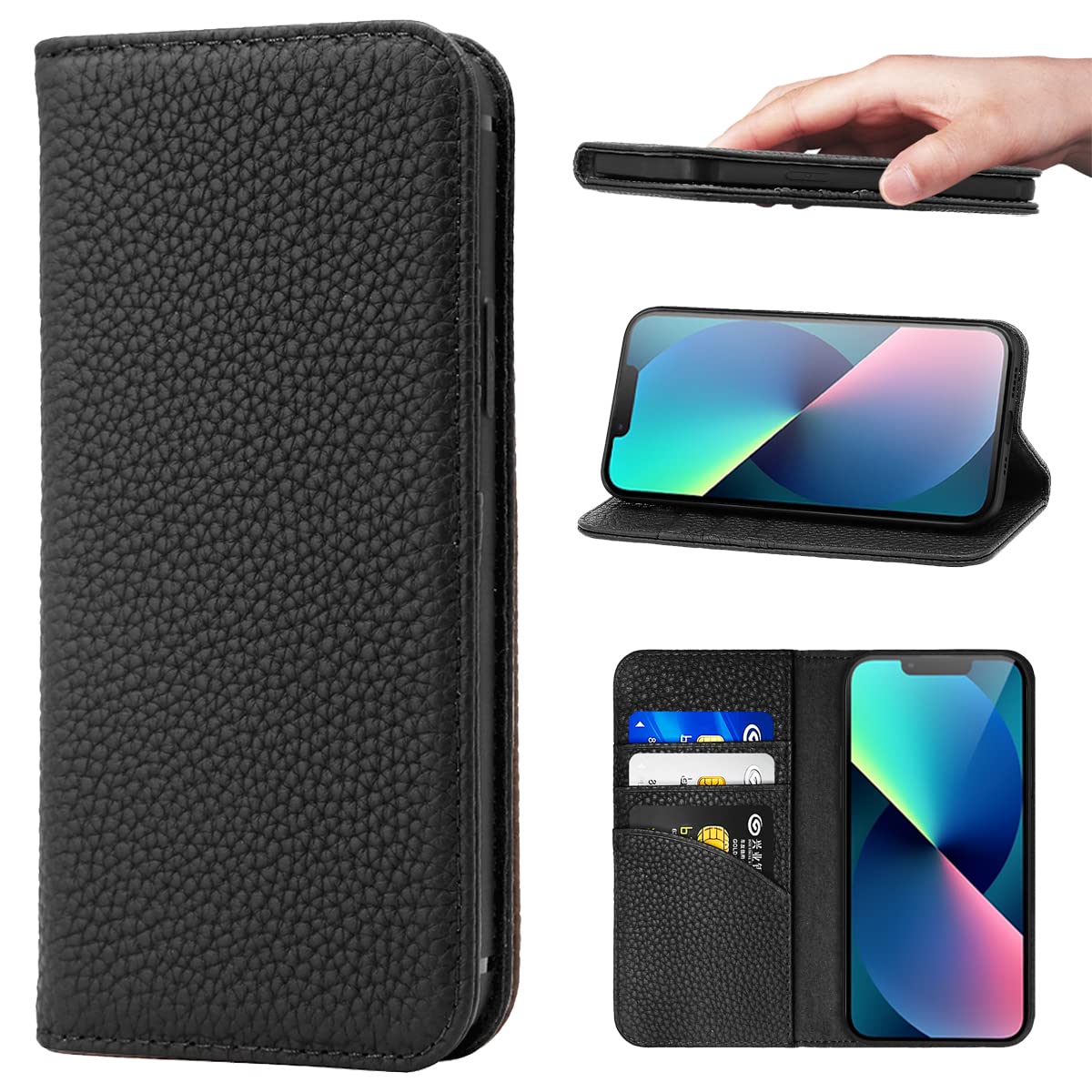 iPhone 13 Pro Max Case Genuine Leather Card Holder Wallet Case Shockproof Flip Cover - Black
