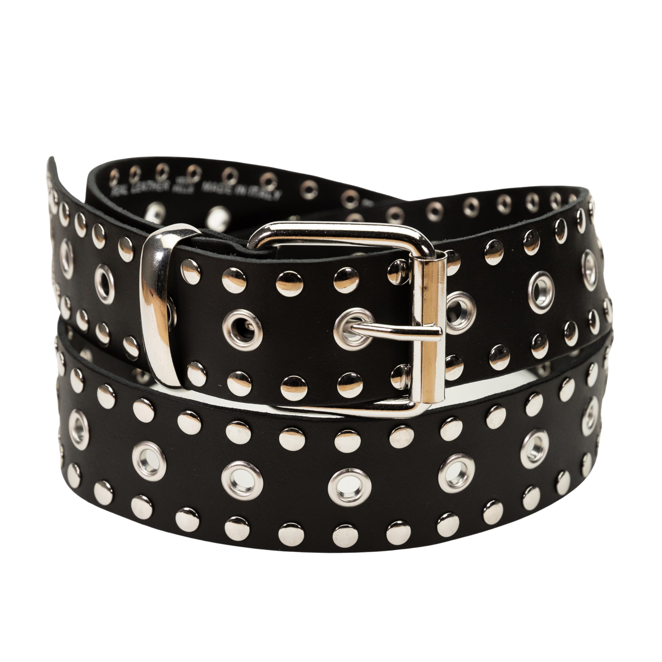 Heart Rock Cintura uomo in vera pelle con borchie piatte e rivetti forati, cintura uomo pelle stile rock e biker, cintura nera borchie nickel free - Made in italy