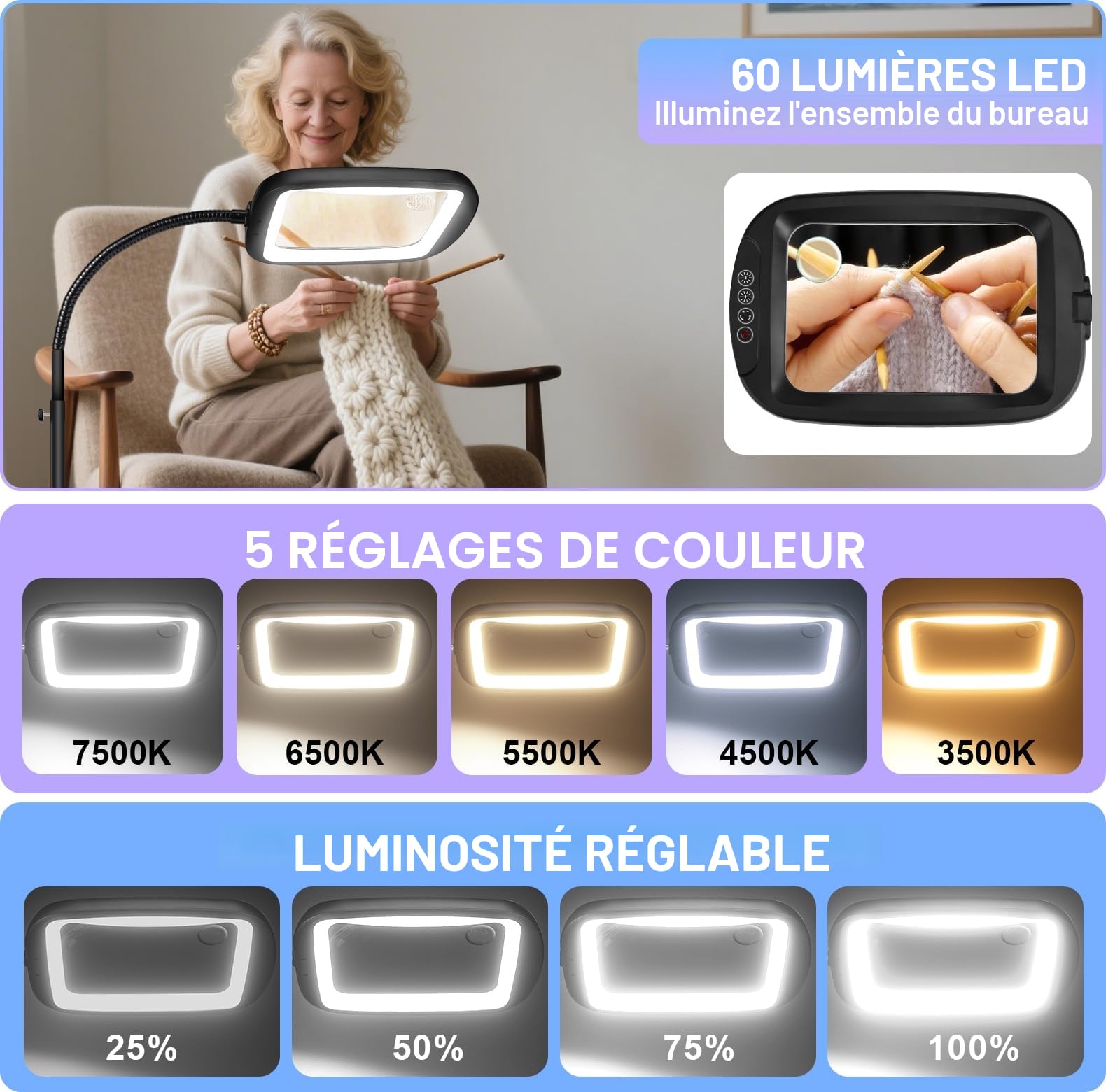 Loupe Lumineuse 2 en 1, Lampe Loupe sur Pied 60 LED, 5 Températures de Couleur 4 Niveaux de Luminosité Réglables pour Travail de près