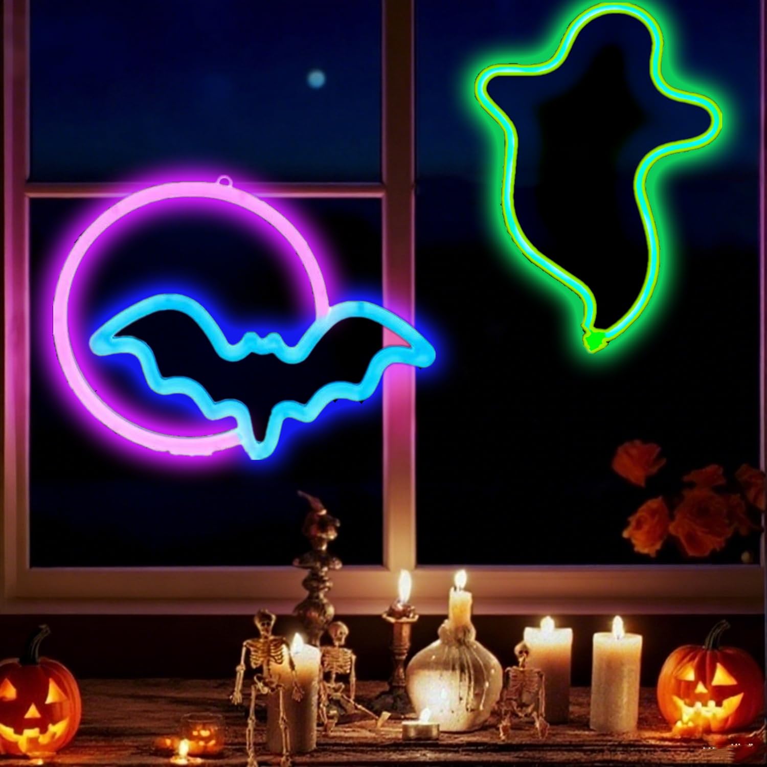 HFHungkeong LED Halloween Window Light Hanging Decorations USB or 3x AA Battery Powered Halloween Bat Ghost Neon Lights Sign,Light up Halloween Banner for Bedroom Living Room Bar Party Dorm Office
