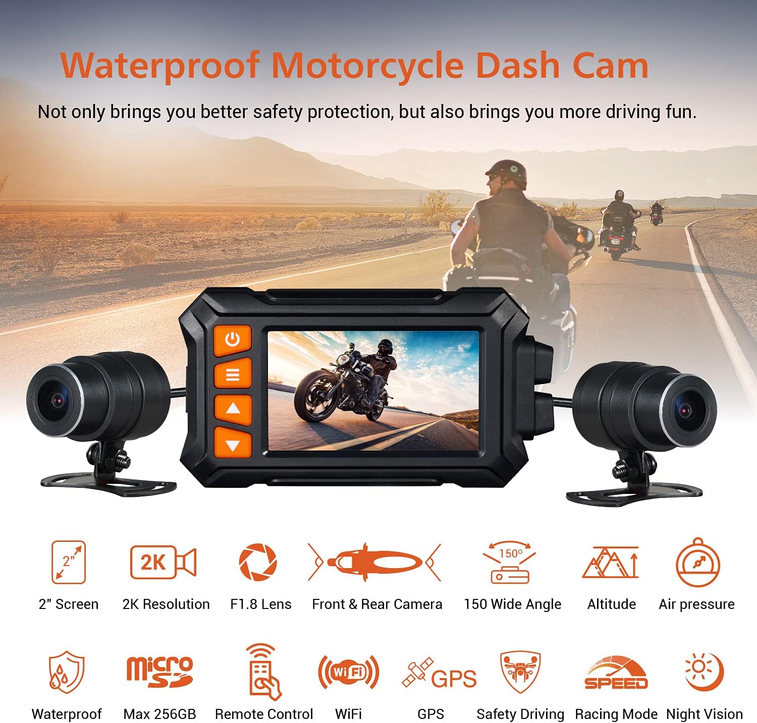 YDI MD30 Dual 2K 30fps Motorcycle Camera, All Waterproof Dash Cam 3