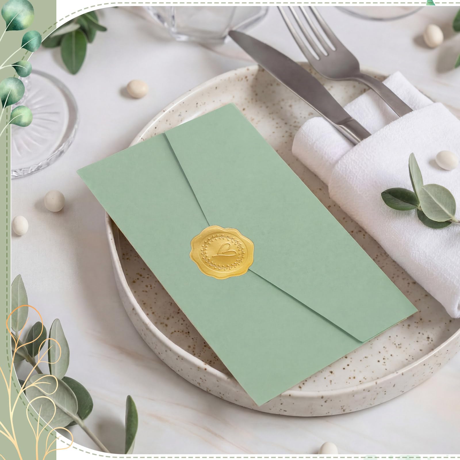 Tenare Sobres de Papel Plegables y Sellos de Cera Autoadhesivos para Sobres DIN A6 Tarjetas de Invitaciones de Boda Tarjeta de Boda de Cumpleaños(Verde Claro,50 Unidades)
