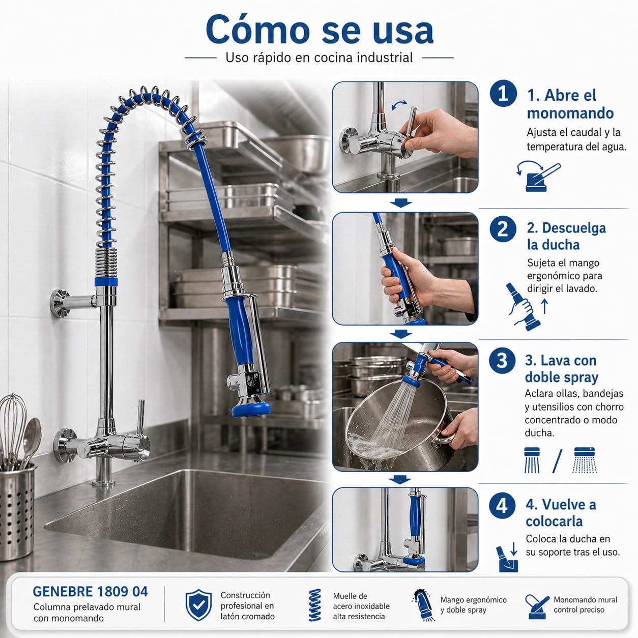 Genebre - Columna Prelavado Cocina Profesional con Grifo Mezclador Mural Monomando | Ducha Industrial con Flexo Acero Inoxidable AISI 304 | Grifo Hostelería Alta Presión