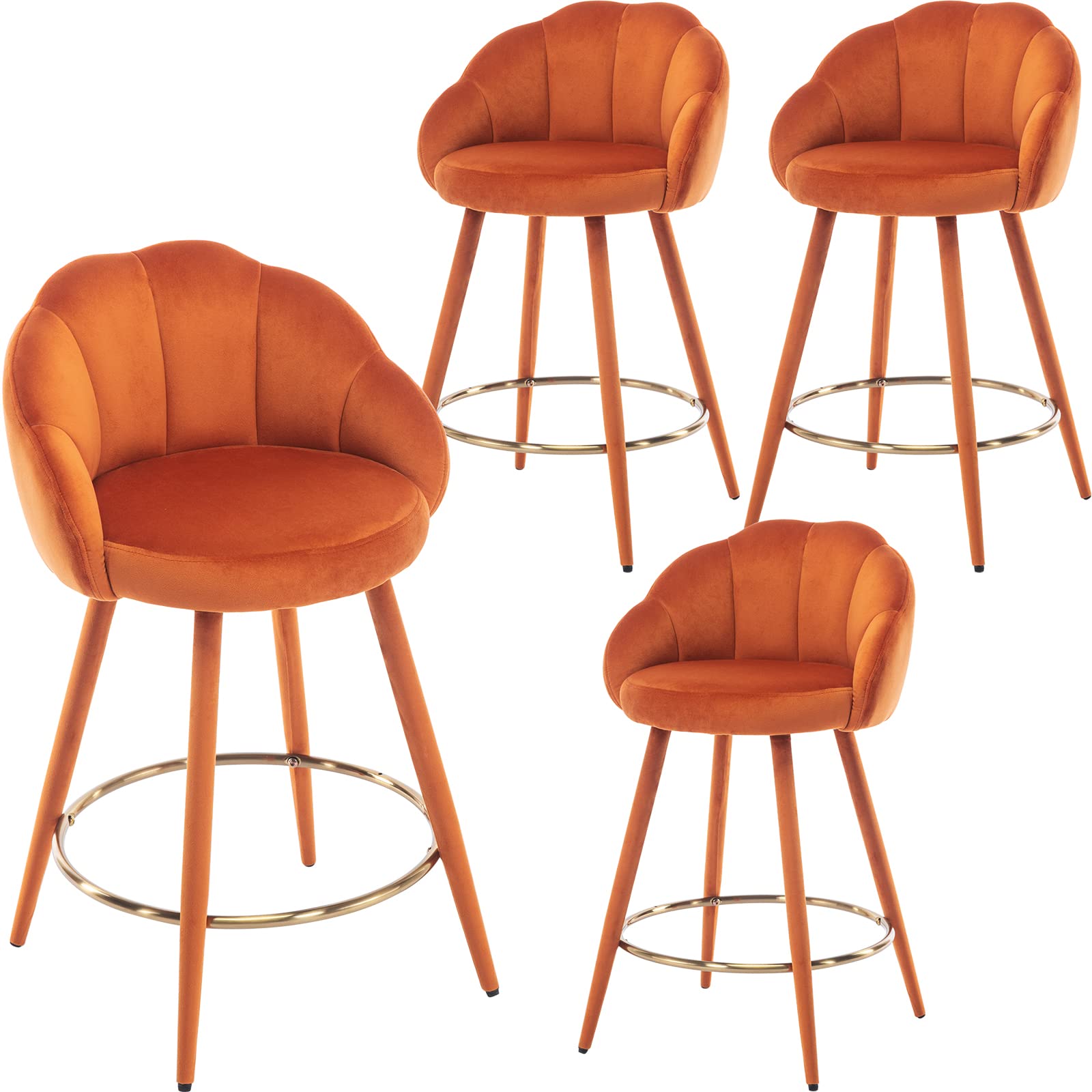 LZAREAL 25.5'' Counter Height Barstools Set of 4 Modern Velvet Upholstered Bar Stools with Petal Back & Golden Footrest for Kitchen Island/Breakfast