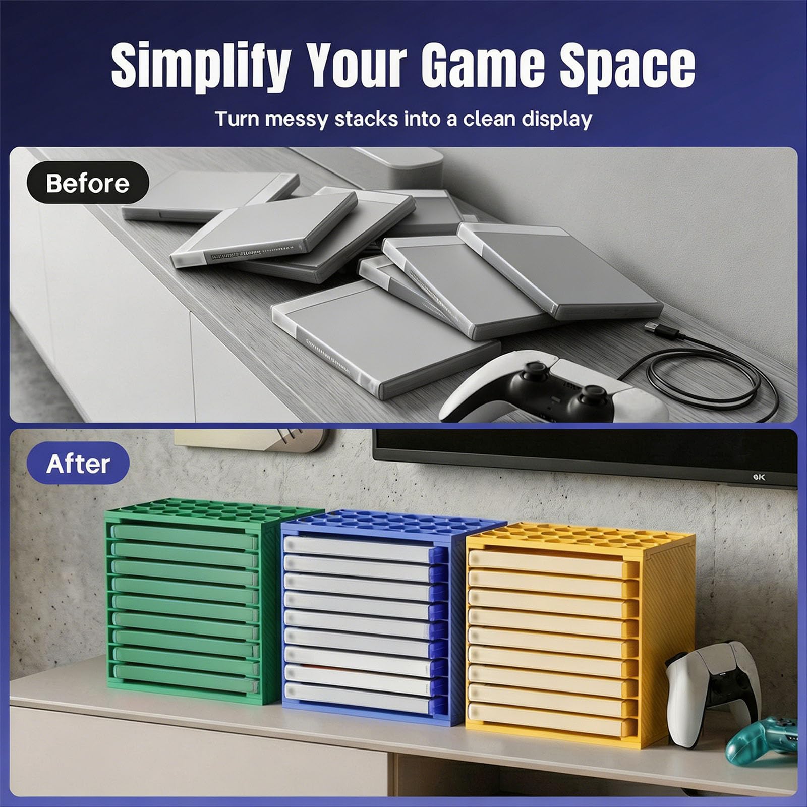 Game Disc Case Storage Rack, 3 Piece Stackable Set for 27 Cases, Open Front Vertical Display for P5 Gaming Setup and En