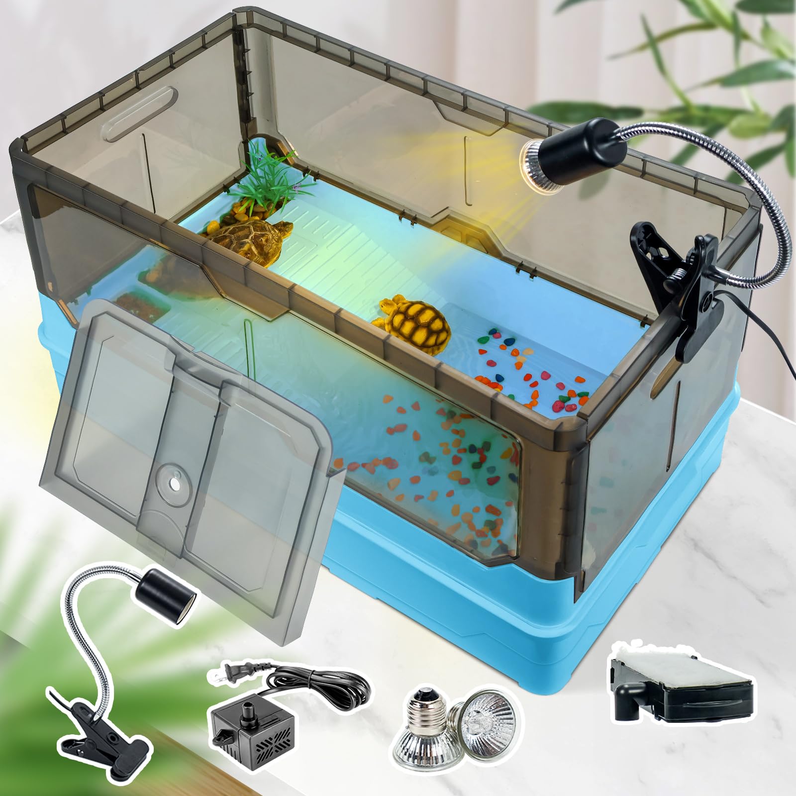 Wedoelsim Integrated no-Installation Turtle Tank kit with Filter, Water Pump, Heat lamp, Wheels, Easy to Move, Imitate The Natural Flows, Suitable for Small Turtle Horned Frog, a Gift for Children