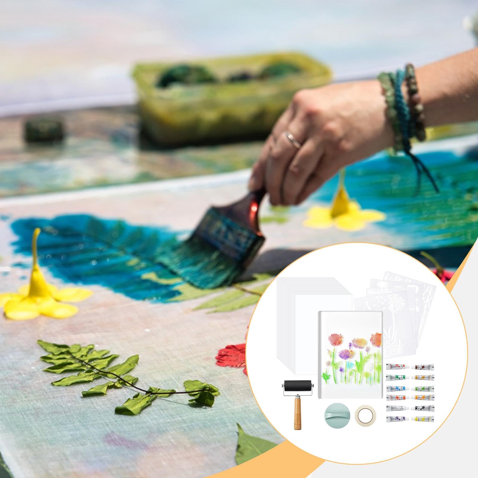 Gel Druckset mit Gelplatte, Schablonen, Papierrolle, Komplettes Künstler Set für Anfänger, Leicht zu Reinigen, Geeignet für Die Kartenherstellung, Style B