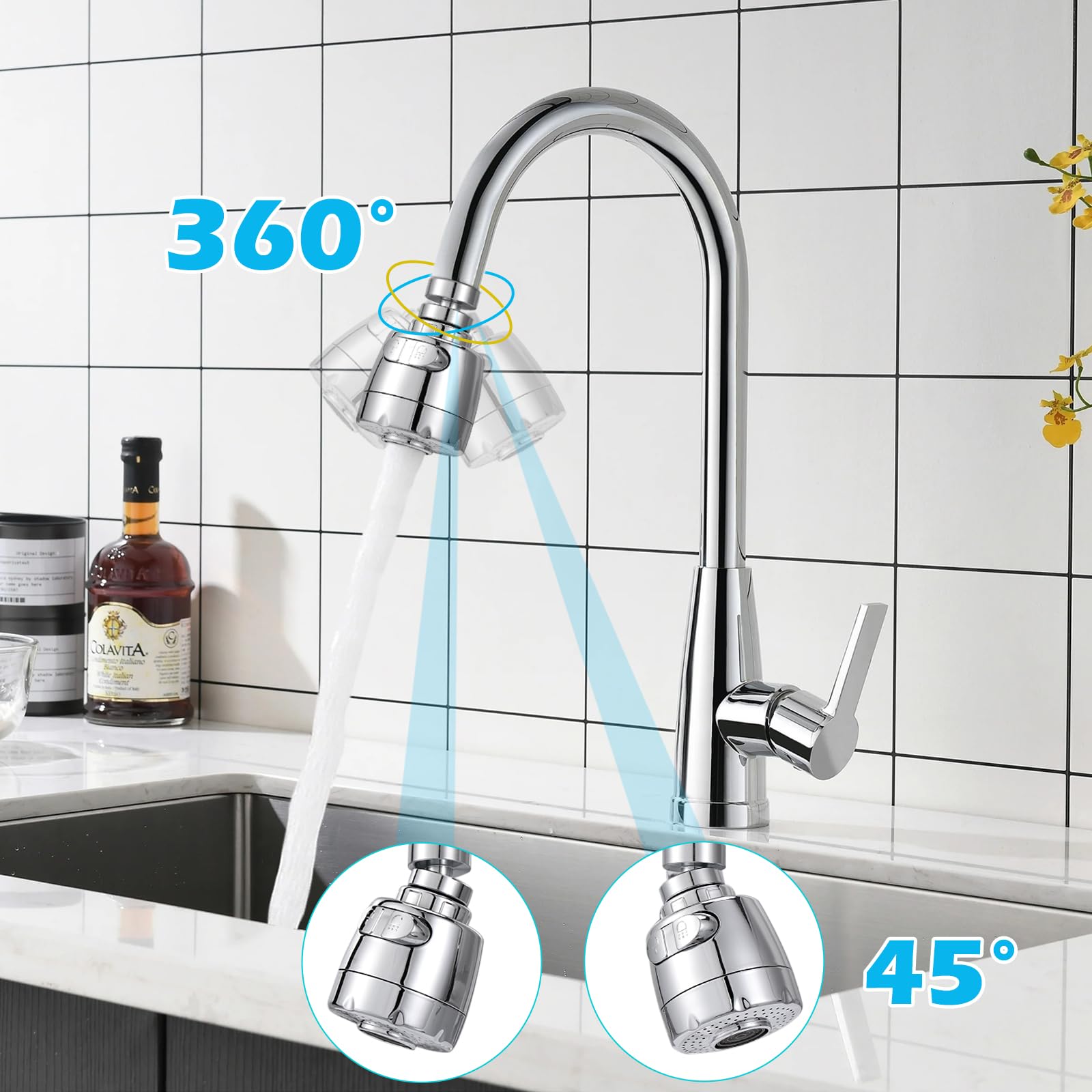Vinabo Aeratore per Lavello 360° Girevole con Filtro Regolatore, 2 Modalità, Testa Aeratore e Atomizzatore (Confezione da 5)